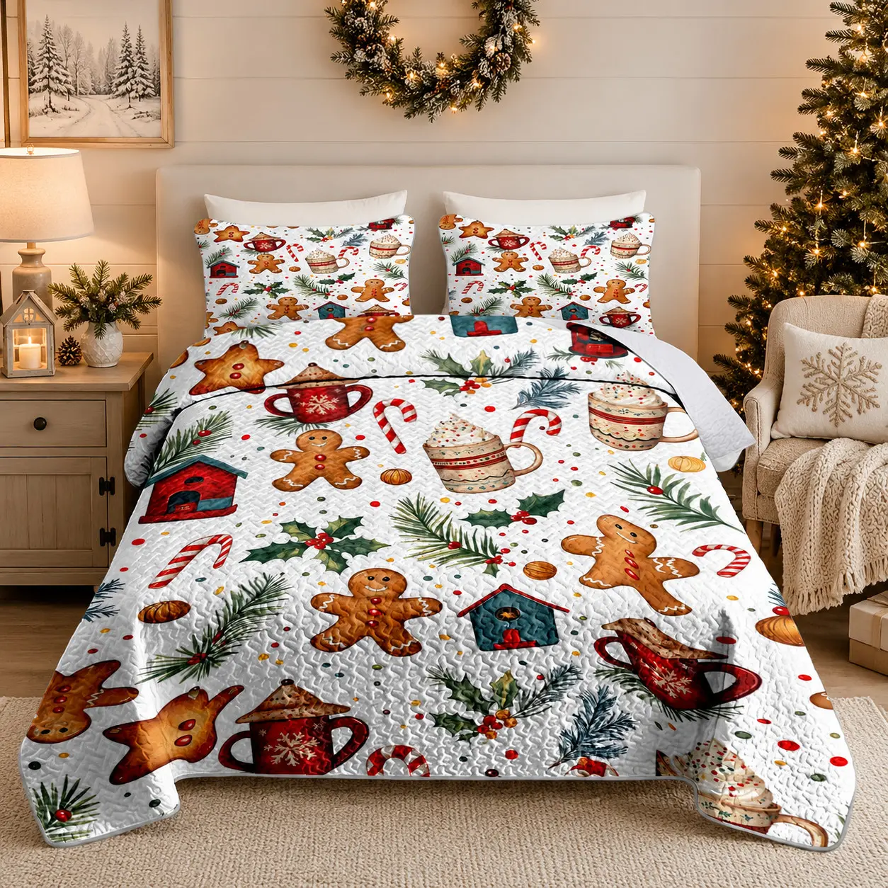 [Back to School] 3-Piece Christmas Gingerbread & Candy Cane Quilt Set, Festive Printed Bedspread with 2 Pillow Shams, Soft Lightweight Wrinkle-Resistant Breathable Fade-Resistant All-Season Bedding for Queen/King Beds, Holiday Bedroom Decor