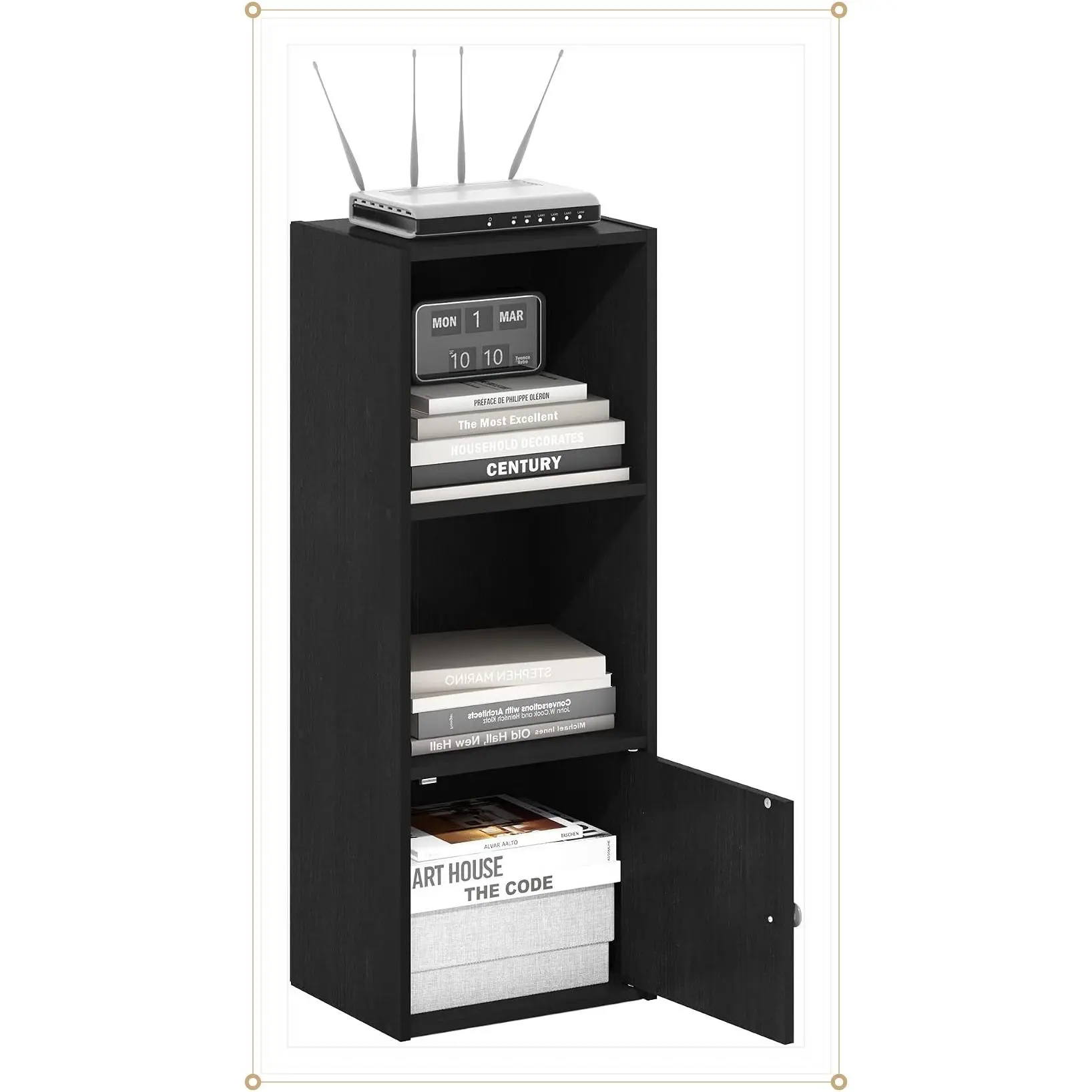 Modern 3-Tier Bookshelf with 1 Door Storage Cabinet, Blackwood Finish, 9.3 x 12 x 31.5 Inches, Bookcase for Living Room, Bedroom, Home Office Organization and StorageGift
