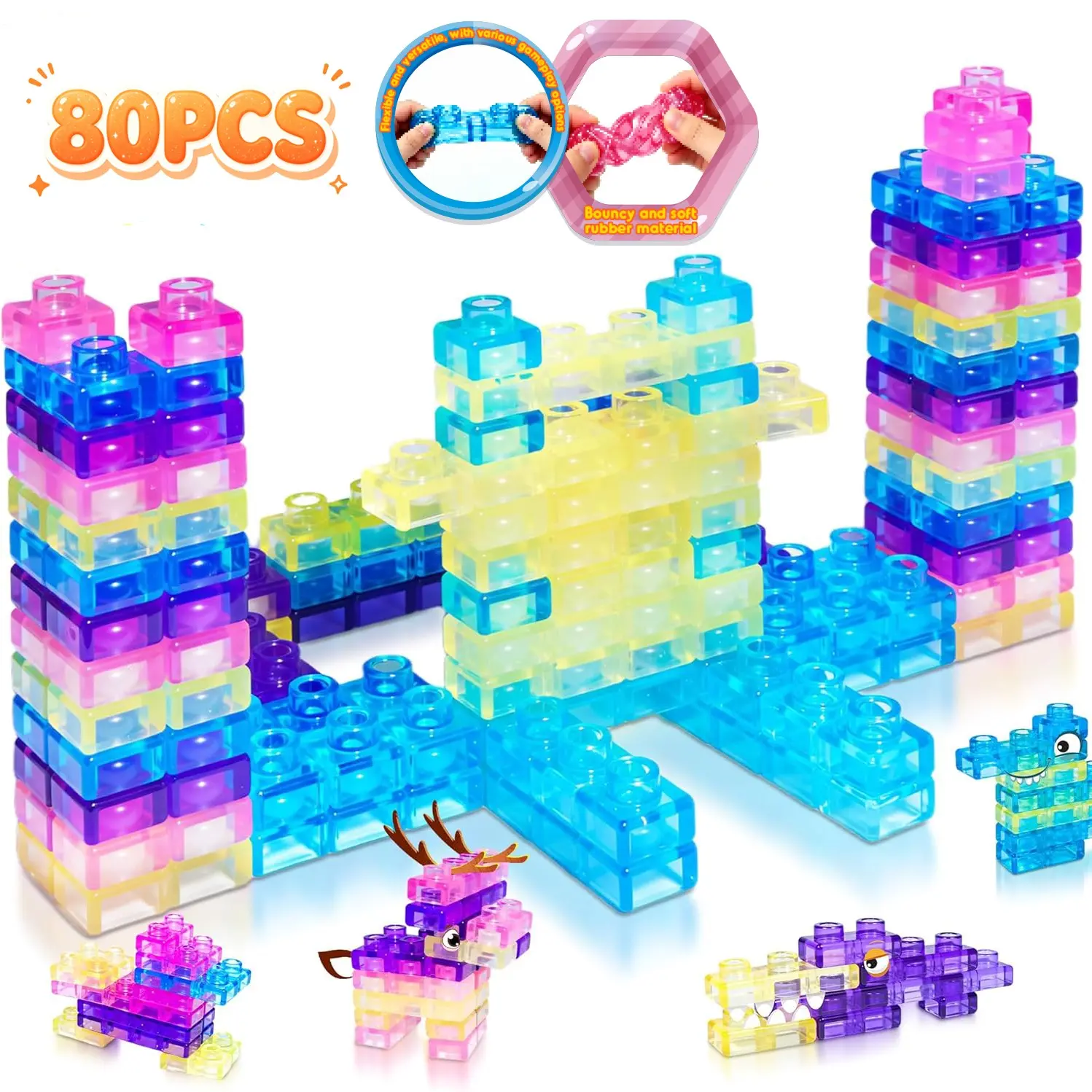 80pcs Children Sensory Soft Blocks, Montessori Educational Toys, Stress Relief Stacking Building Set, Random Colors, Birthday Gift for Boys Girls