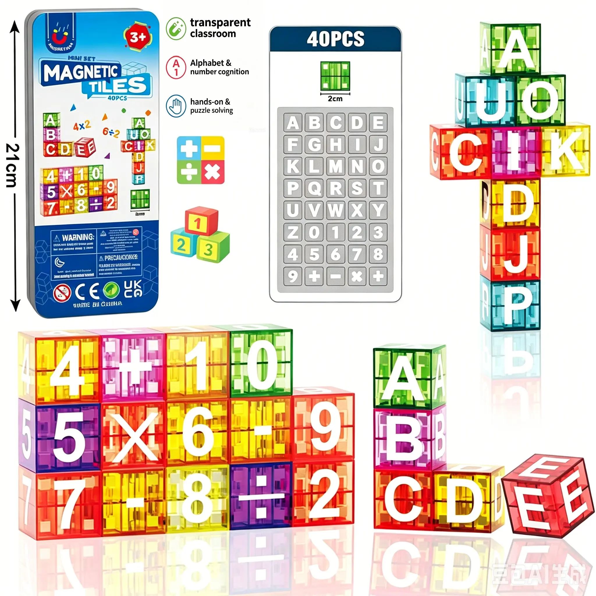 40PCS Magnetic Tiles Building Blocks, Magnetic Letters Numbers, Alphabet & Number Math Educational Toy Set, STEM Learning Magnetic Cubes for Toddlers & Kids 3+, Math Learning Tools, Preschool Classroom Must-Have, Perfect for Early Math & Language Learning