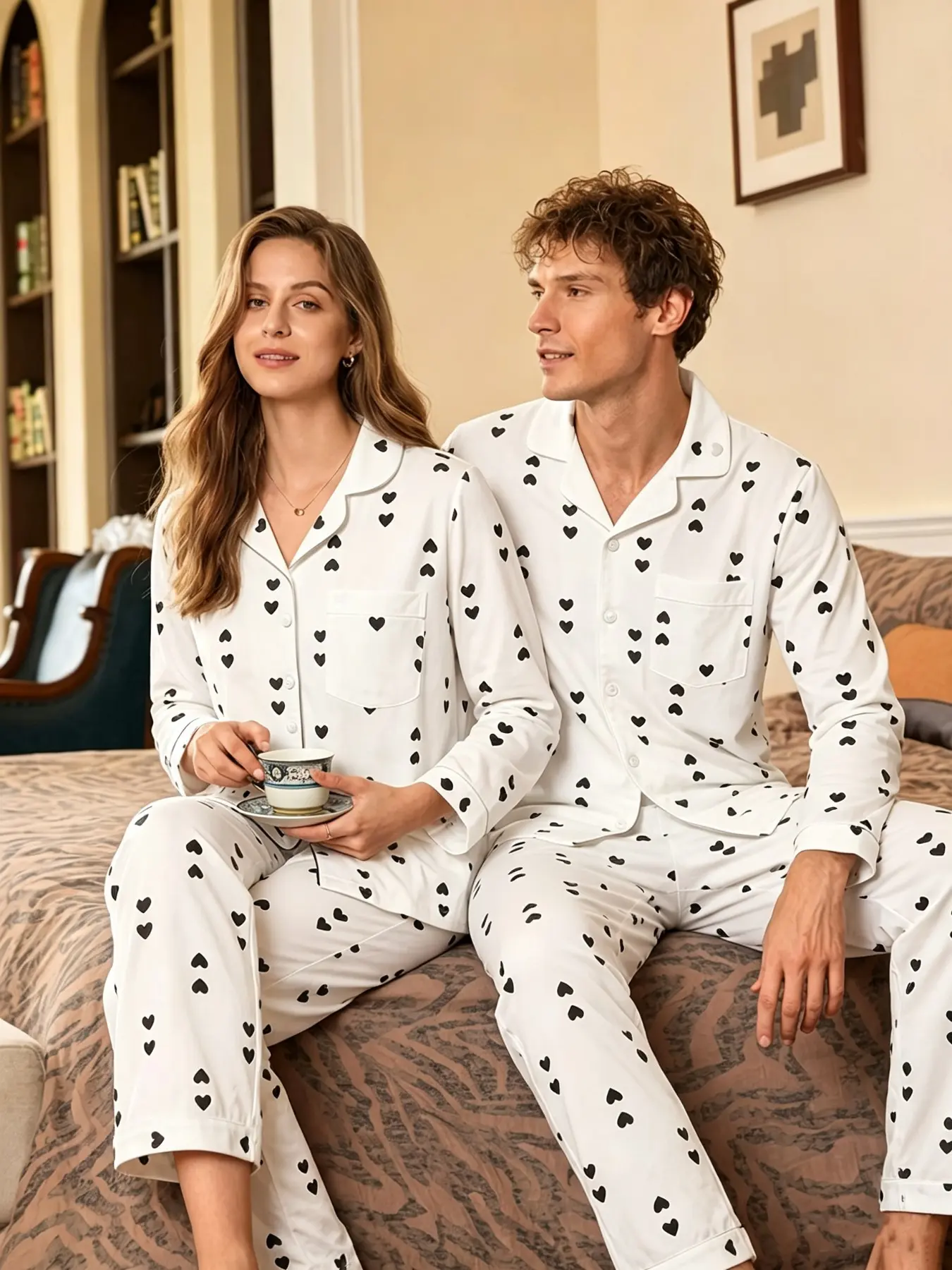 Couple Heart Print Pajama Set, Long Sleeve Lapel Button Sleep Top + Loose Straight Long Pants, Soft Cozy Loungewear, Matching Couple Nightwear, Sweet Casual Indoor Home Outfit for Autumn Winter Daily Wear.