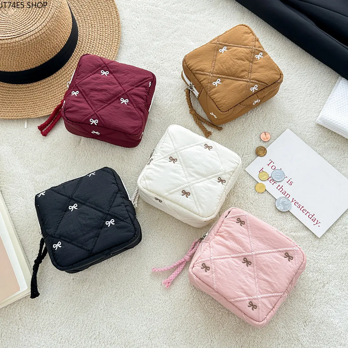 New Quilted Bow Cosmetic Bag, Portable Multifunctional Travel Wash Bag, Lipstick & Sanitary Pad Storage Pouch