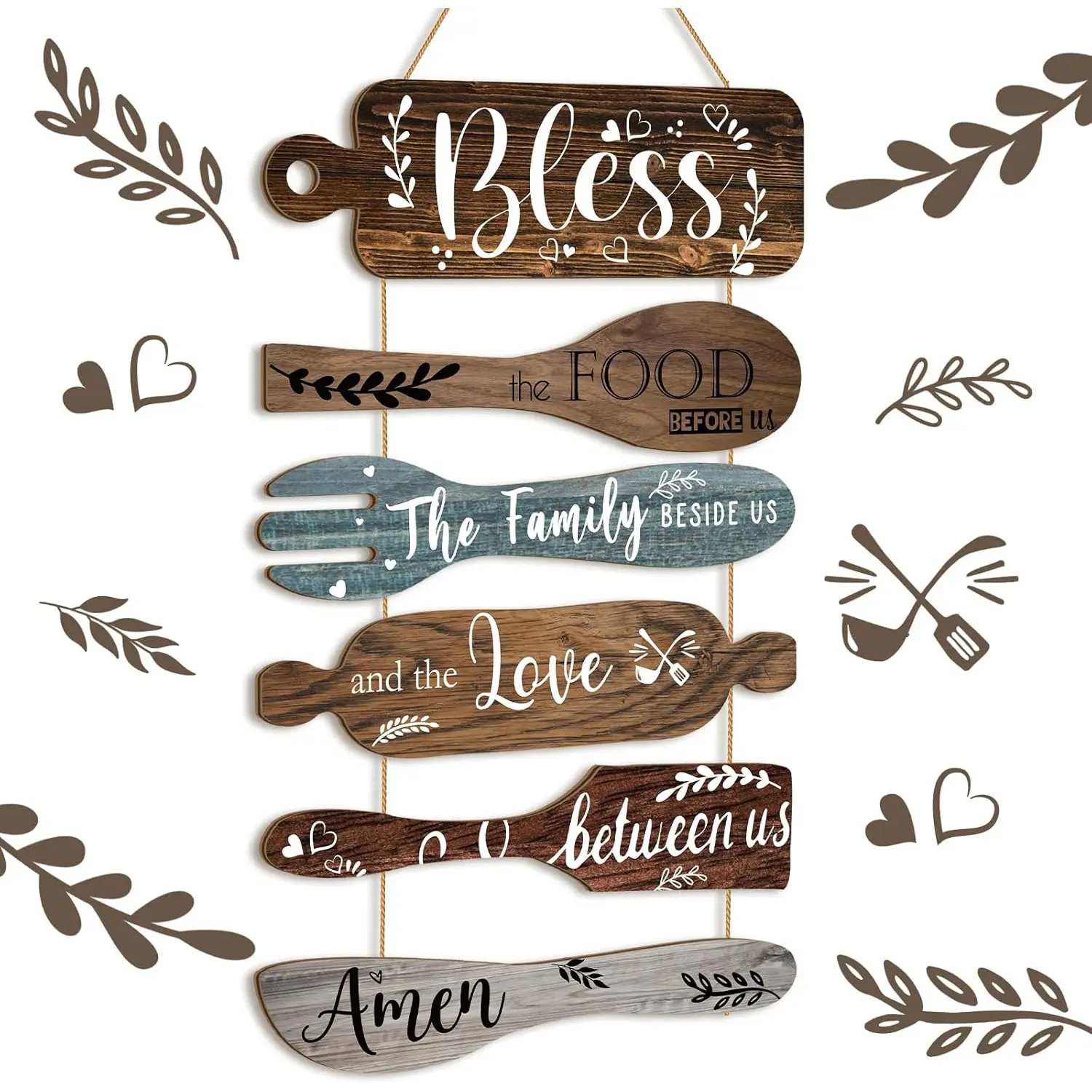 Wooden Kitchen Wall Décor Set, Interior Wall Decor, Alphabet and Utensil Patterns with Rope, Hanging Wall Art Decoration for Home Kitchen and Dining Room