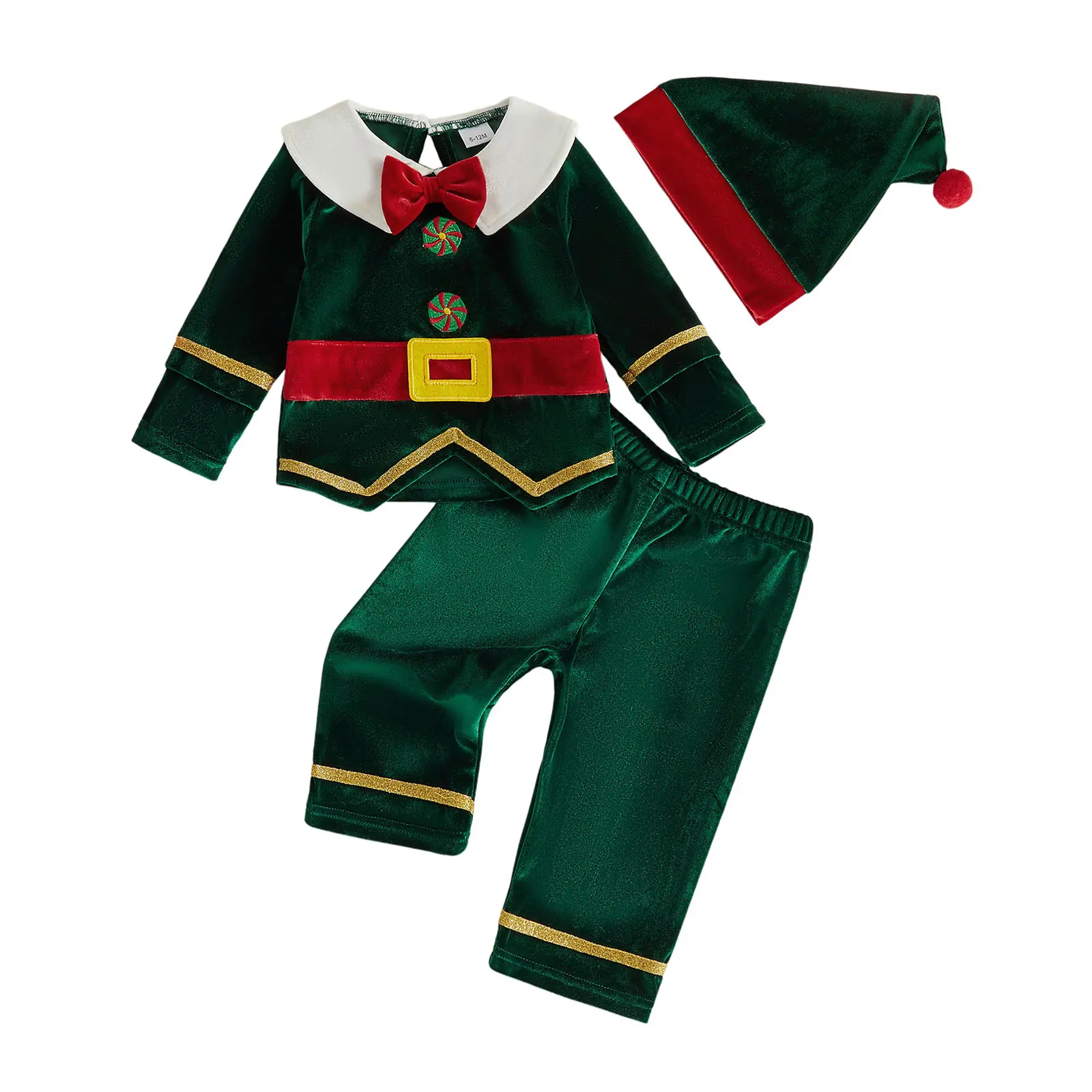 REDWOON Toddler Baby Little Boy Christmas Elf Costume Velvet Long Sleeve Top Pants With Elf Hat 3 Pieces Holiday Cosplay Outfit