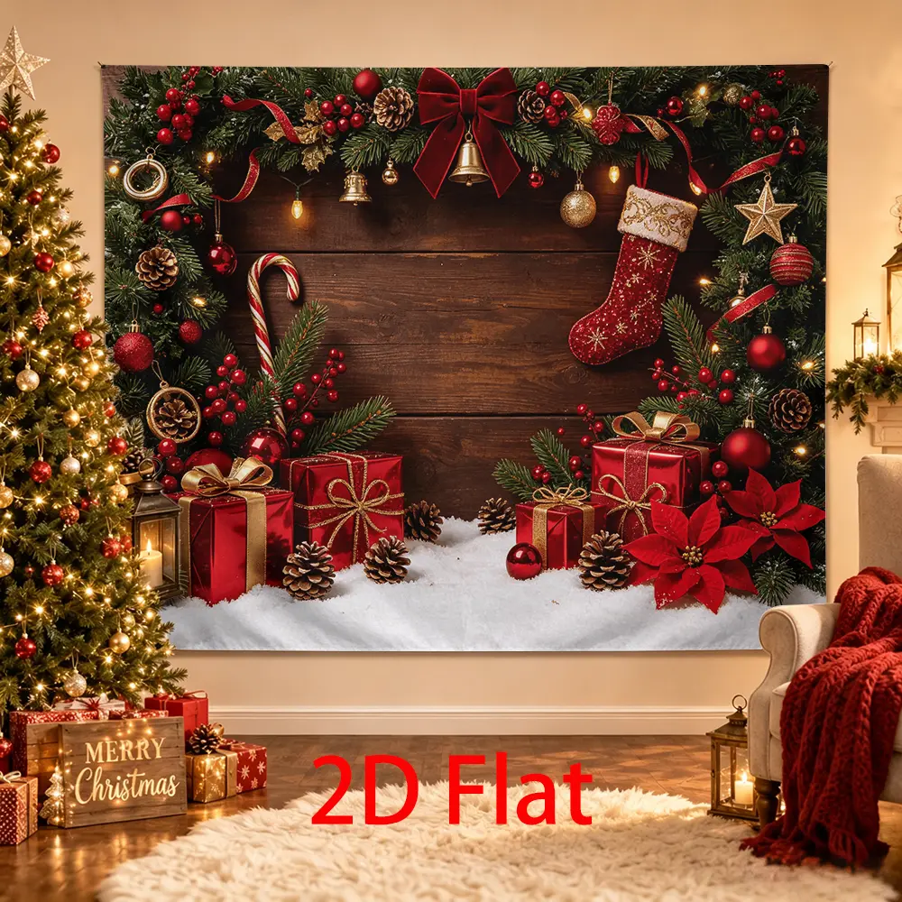 Rustic Red Gold Christmas Backdrop, Wood Photography Background with Stocking, Poinsettias, Candy Cane, Gifts and Pine Garland
