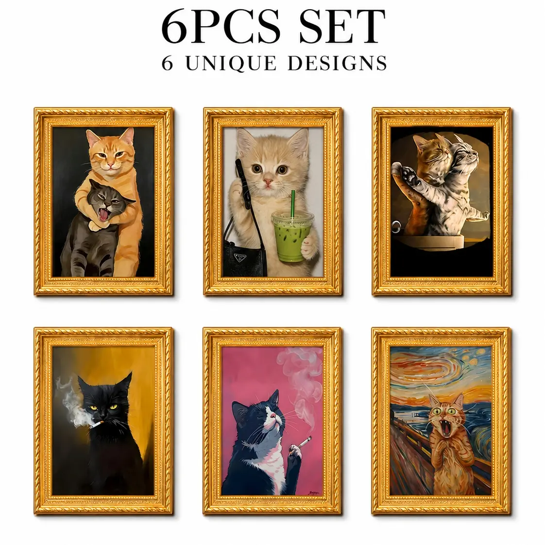 6pcs Funny Cat Fridge Magnets, Mini Framed Cat Art Magnets, Unique Gift for Cat Lovers, for Refrigerator, Locker & Office Cabinet