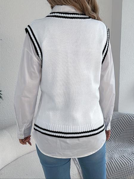 Women's Colorblock V Neck Knit Vest, Preppy Style, Lightweight Vintage Design, Perfect for Spring/autumn/winter Seasons