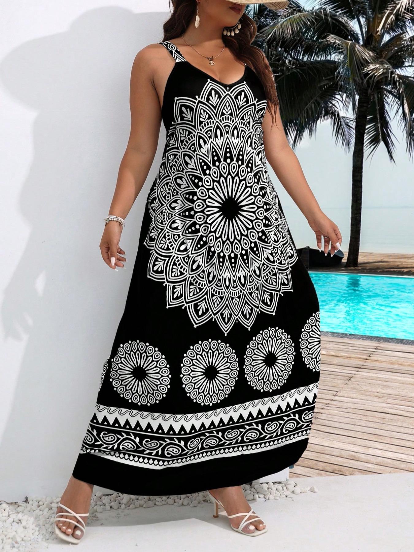 Plus Size Ethnic Pattern Backless Scoop Neck Fitted Cami Dress, Boho Print Dress, Bohemian Style Dresses, Boho Bohemian Fashion Chic Sleeveless Casual A Line Long Dress, Casual Boho Sundress for Beach Holiday Vacation, Women's Plus Clothing for Summer