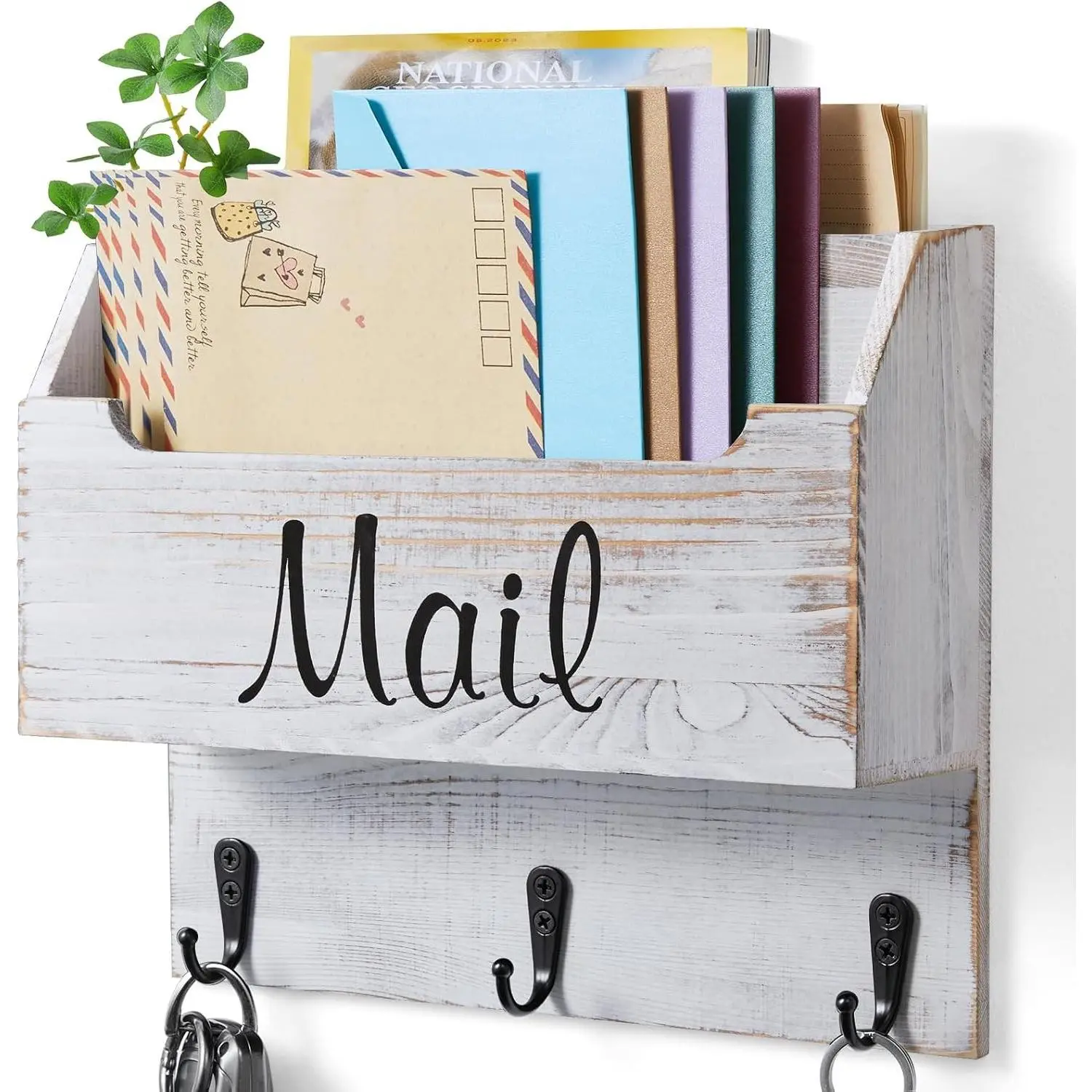 Wall Mounted Wooden Mail Organizer with Key Holder, Retro White Hanging Mail Basket for Home OfficeGift