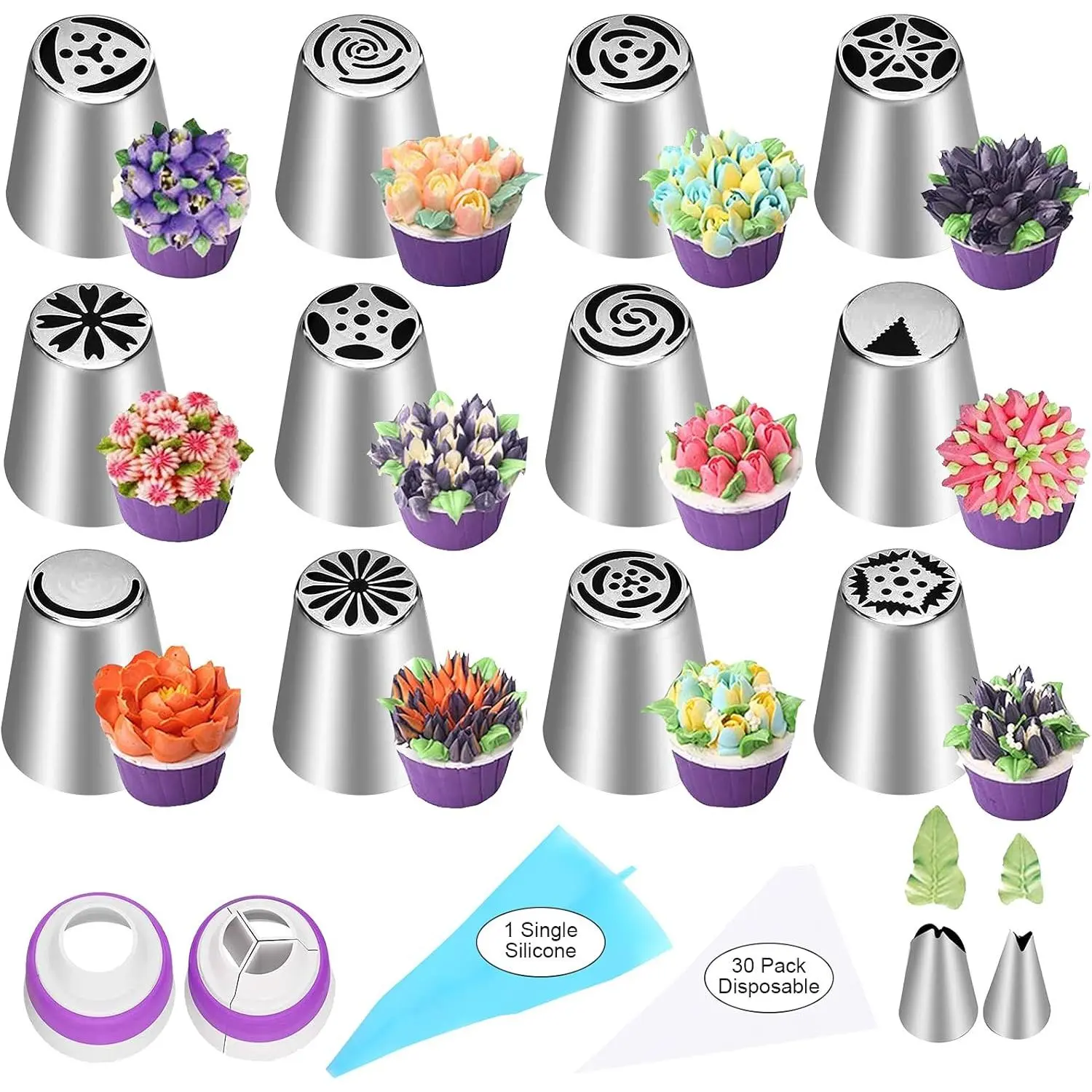 47 Pcs Russian Piping Tips Set, 12 Flower Frosting Nozzles Icing Tips for Cake Decorating Tips Kit, Baking Supplies for Cookie Cupcake, 2 Leaf Piping Tips 2 Couplers 30 Pastry Baking Bags