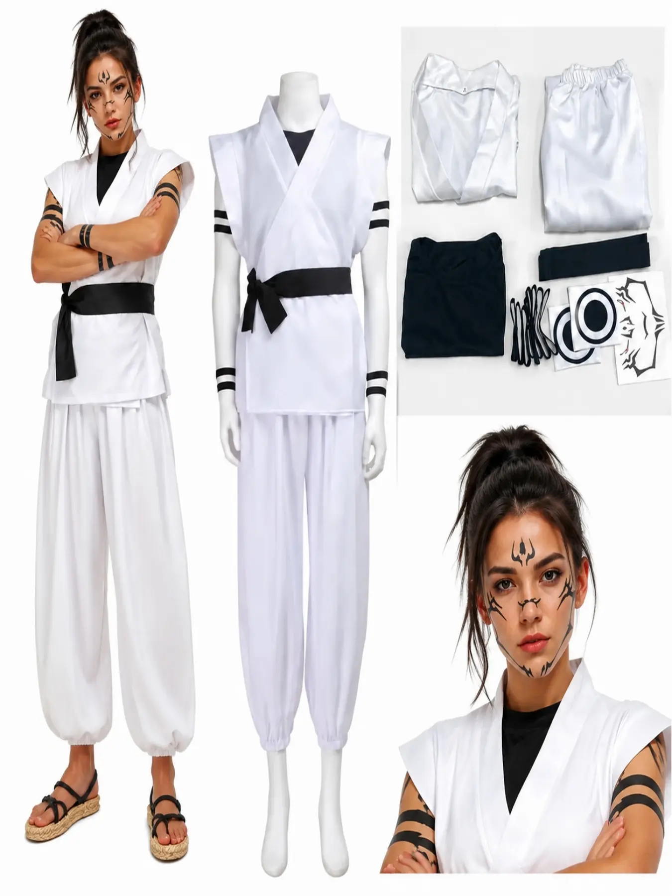 Ryomen Sukuna Cosplay Costume Jujutsu Kaisen Anime Unisex Baggy Kimono Outfit Full Set Tattoo Stickers Halloween Party Roleplay Costume