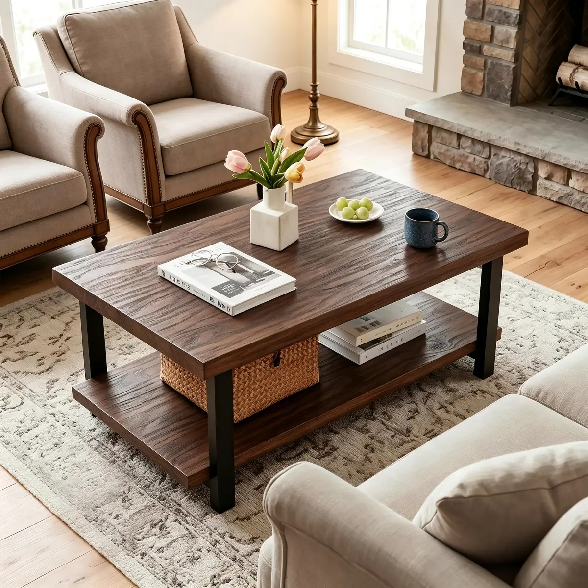 [Bellemave] Rustic Rectangle Coffee Table, Solid Distressed Pine Tabletop and Sturdy Rubberwood Legs, Two-Tier Storage Industrial Wooden Table for Home Living Space