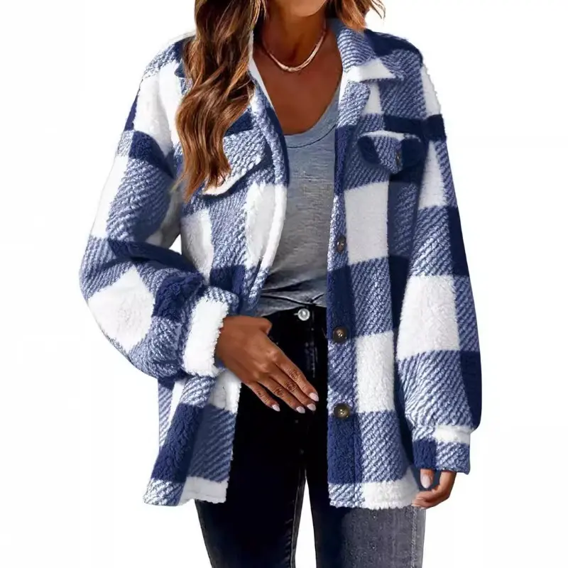 Women Fall Winter Plaid Fleece Jacket, Button‑Down Lapel Shacket Coat, Loose Warm Fluffy Plaid Shirt Jacket With Pockets Casual Outerwear For Ladies