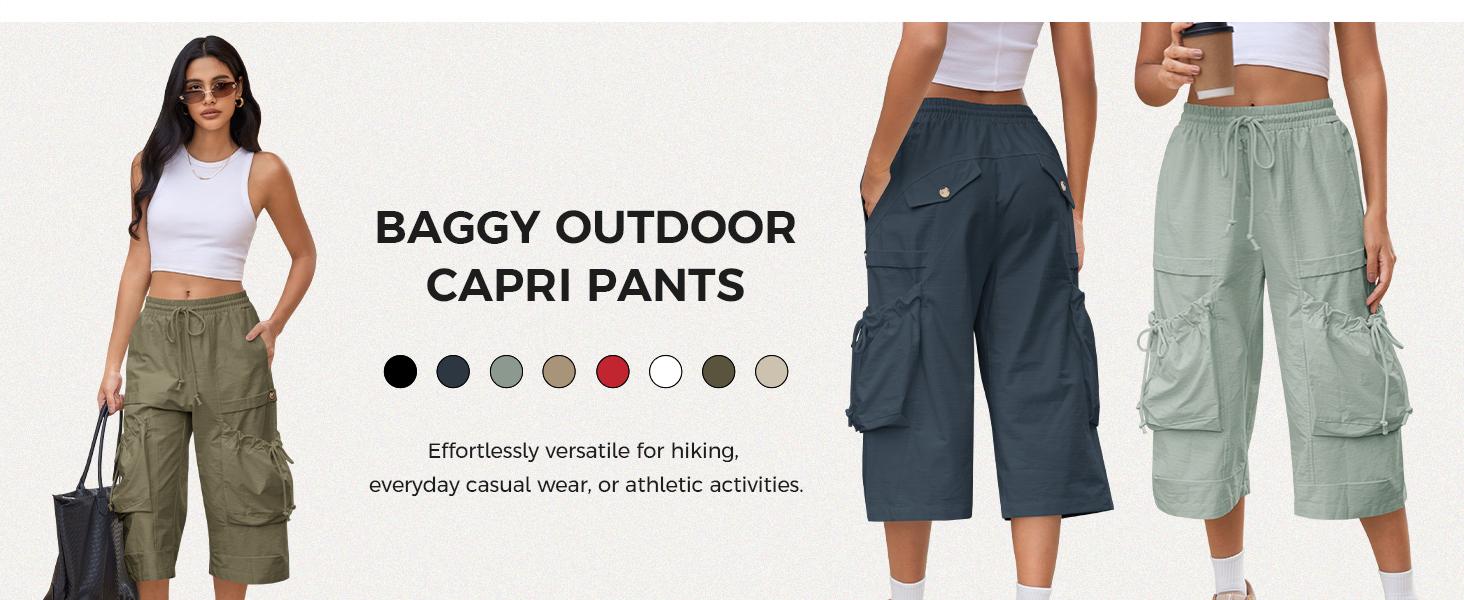Aoysky Womens Wide Leg Cargo Capris Drawstring Elastic Waist Baggy Cropped Pants with Utility Pockets Casual Trousers