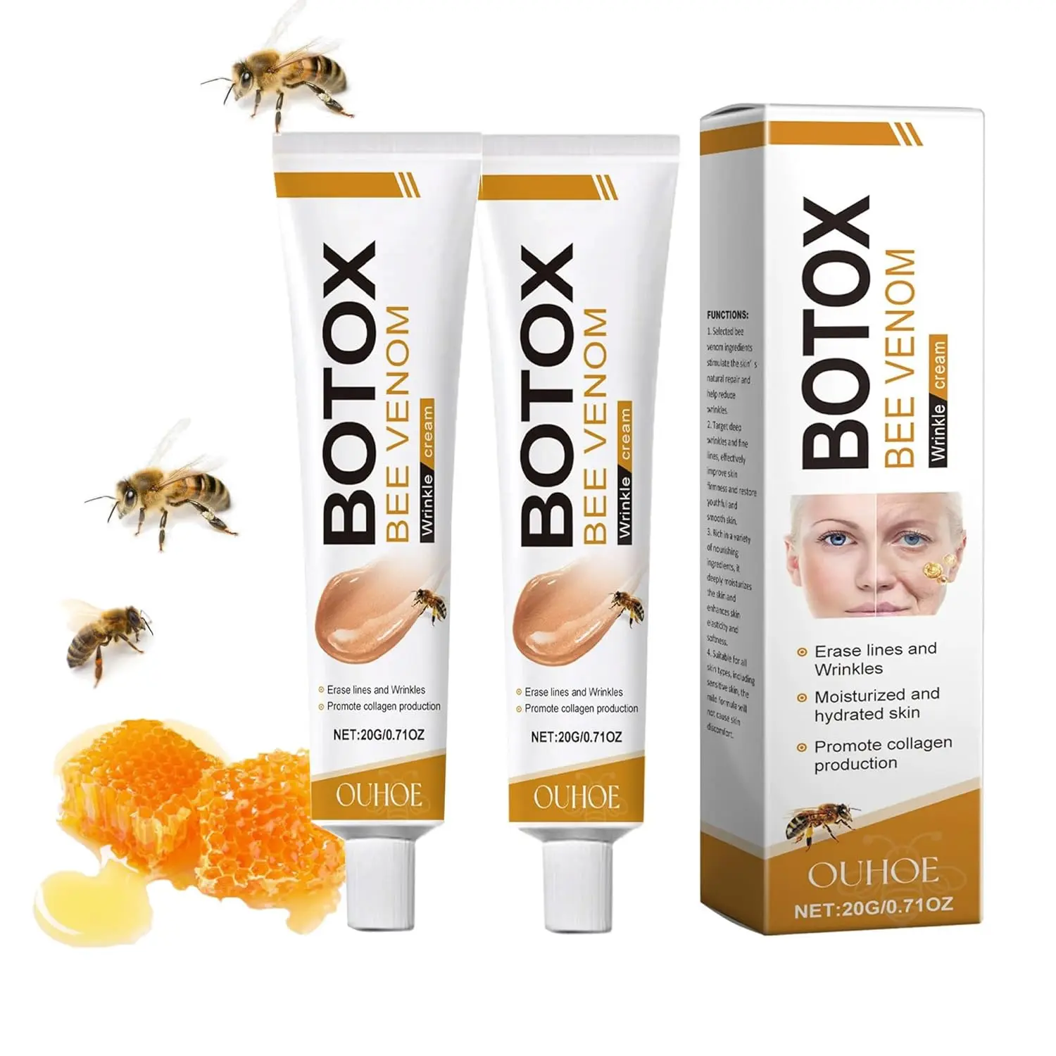 OUHOE Bee Venom Anti-Wrinkle Firming Cream, Lifting & Tightening Moisturizer with Hyaluronic Acid, Hydration for Face & Neck | Vegan