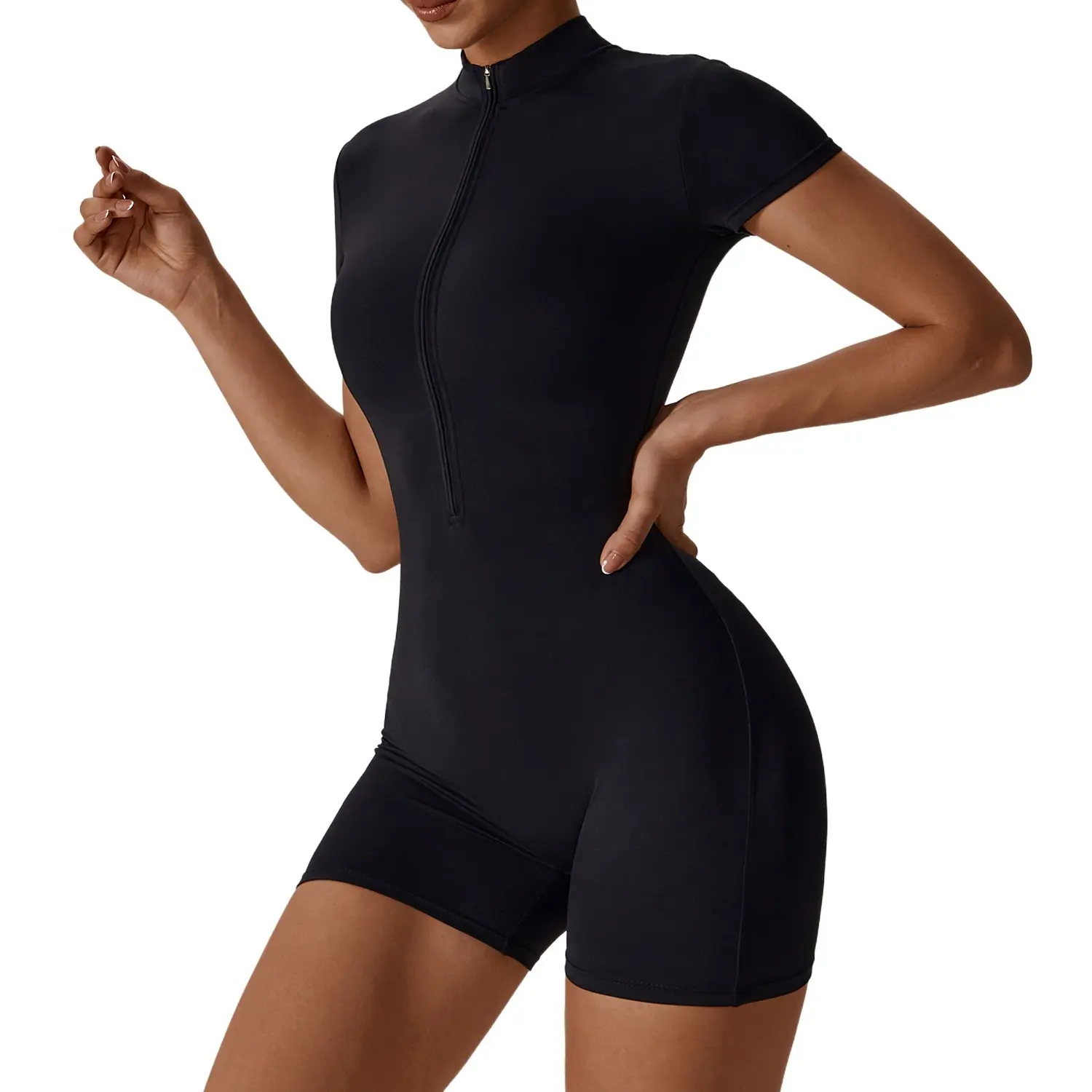 Women's Zip Front Short Sleeve Yoga Jumpsuit, One Piece Bodycon Workout Romper for Dance Gym Fitness Swimming Beach & Daily Wear, High Stretch Quick Dry Breathable Tummy Control Athletic Onesie