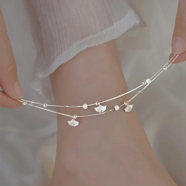 Layered Silver Plated Ginkgo Leaf Anklet for Women, Dainty Luxury Minimalist Foot Chain New Design