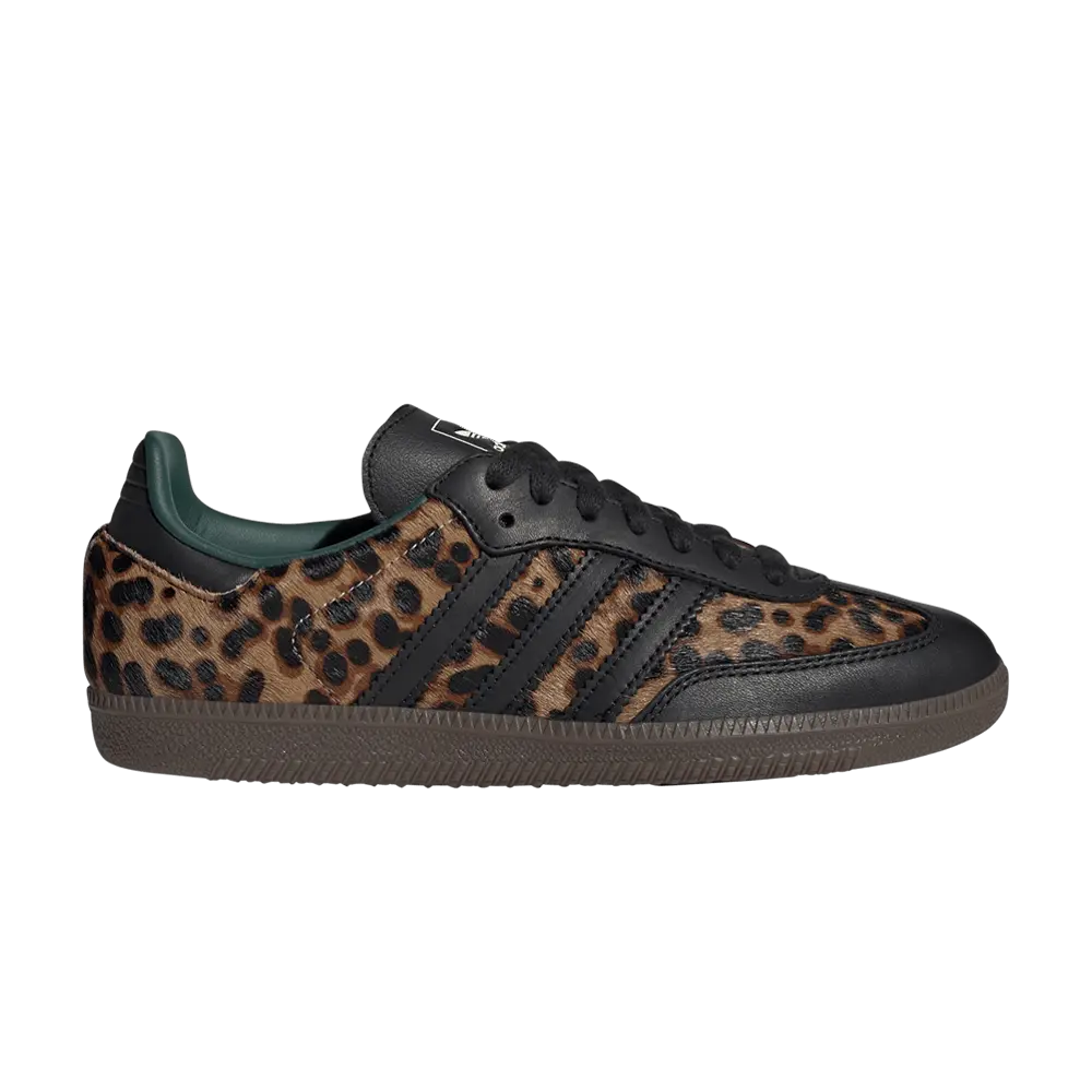 adidas Women's Samba OG 'Cheetah Pack - Collegiate Green' Round Toe Animal Print Leather Upper Retro Look Sneakers, Core Black/Collegiate Green/Cream White, Women's Sizes, JI2735