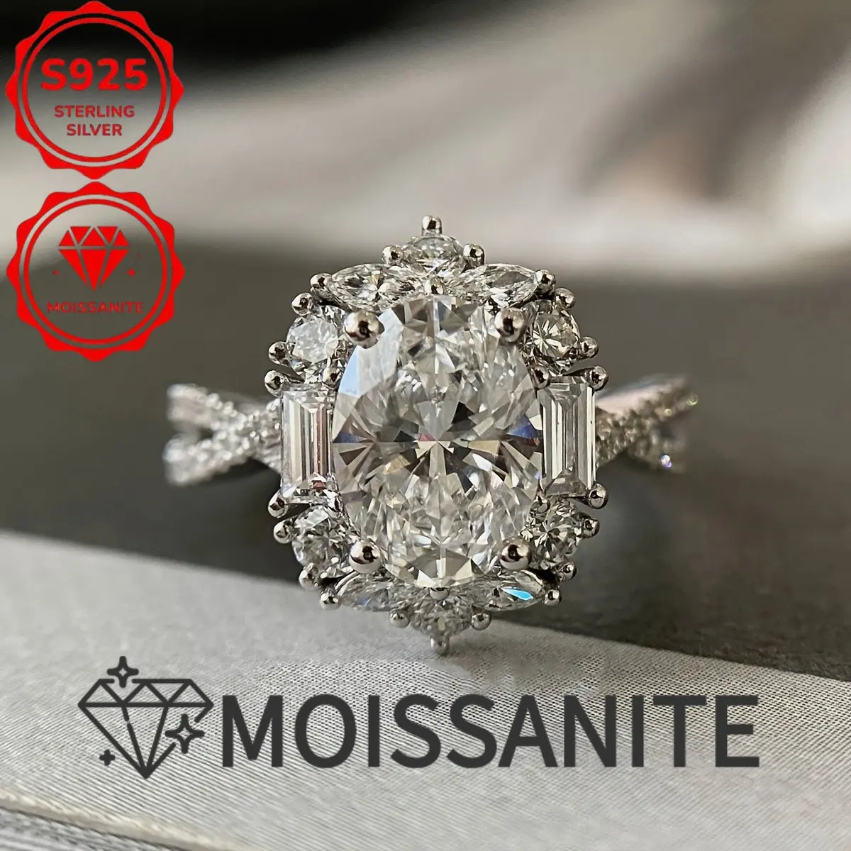 S925 Silver Elegant 2-Carat Oval Moissanite Engagement Ring, Bohemian Style, with Cross Goose Egg Design, Perfect for Weddings And Anniversaries, Perfect Gift for Her, Valentine'S Day Gift, Total Weight of The Product (4.266G)