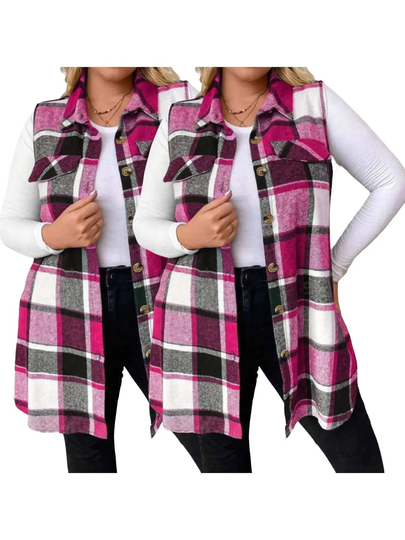 Plus Size Women's Plaid Casual Vest Jacket (fake Pockets), Collared, Button Front, Fitted Sleeveless Design, Fall & Winter Fashion Outerwear, Tops, Sleeveless Vests