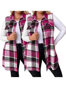 【plus size】 plaid print button front vest, casual sleeveless collared outerwear for fall & winter, women's clothes for daily wear