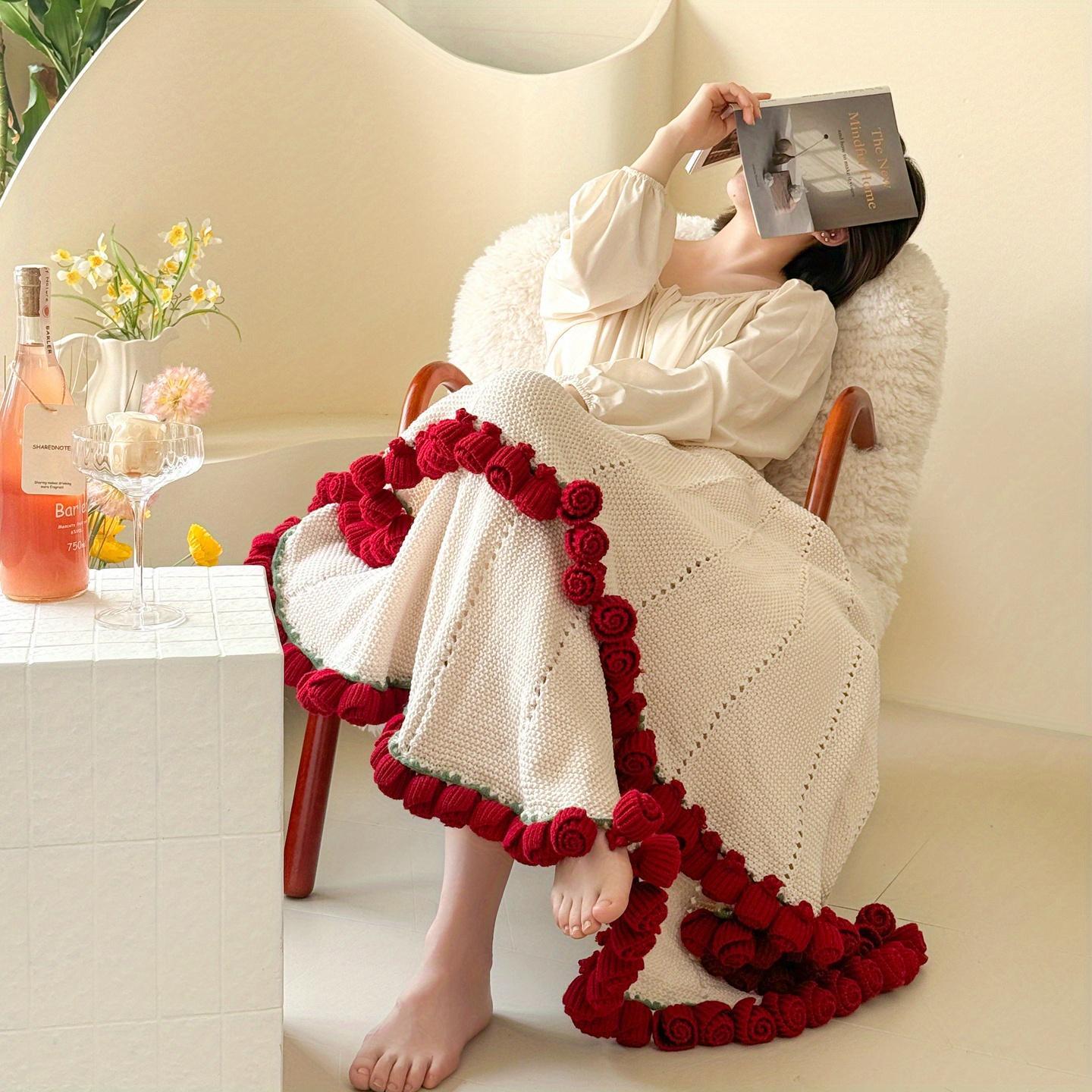 Rose Knitted Blanket, Rose Bouquet Blanket, Valentine's Day Mother's Day Nap Blanket, Sofa Bed Cover, Warm Soft Plush Blanket, Home Comfort Lightweight Travel Camping