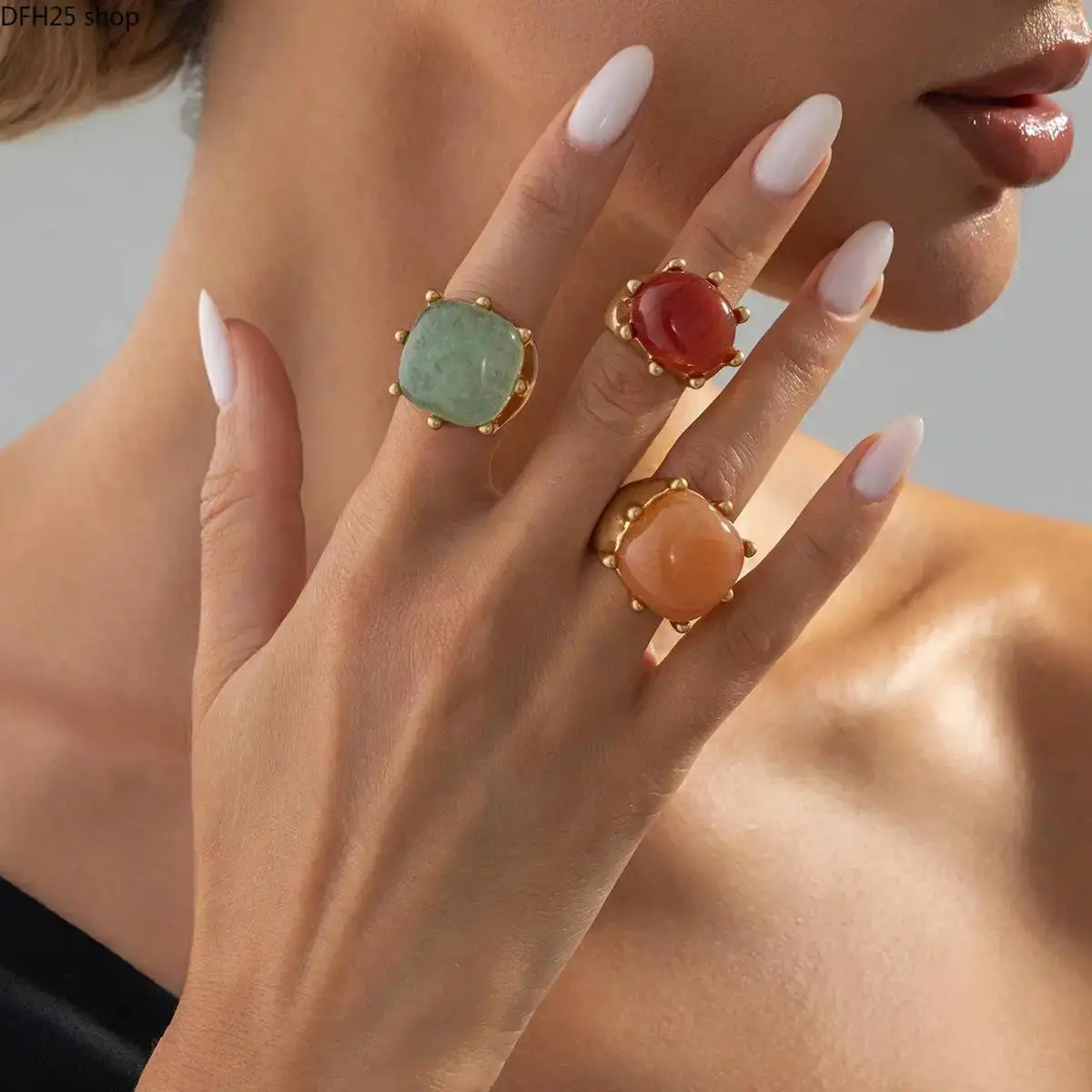 Women's Synthetic Natural Stone Statement Ring - Gold-Tone Chunky Band, Bohemian Y2K Geometric Design for Summer Outfits, Parties (Womens Gifts Option)