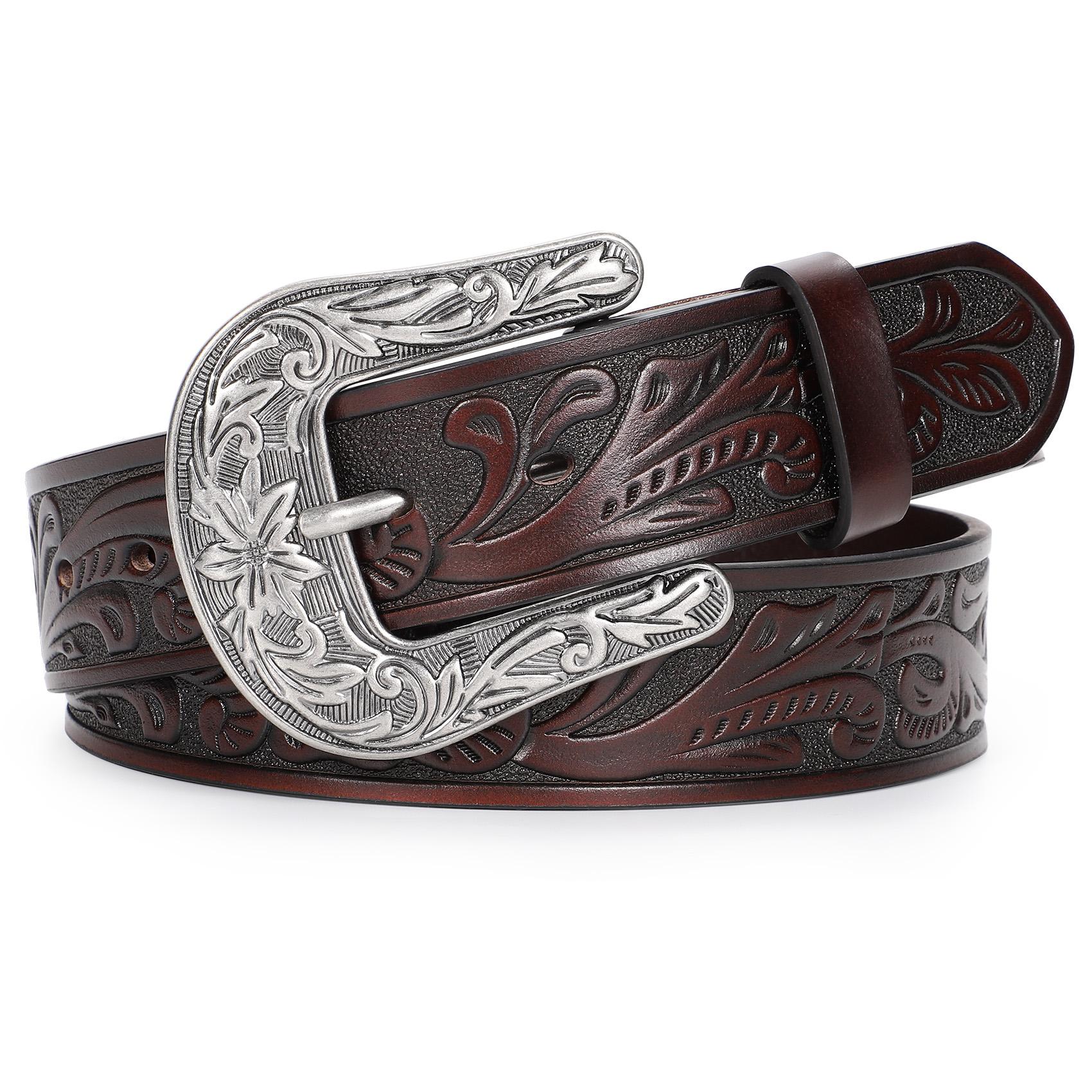 XZQTIVE Western Belts for Women Men Cowboy Cowgirl Floral Engraved Leather Belt Strap Vintage Embossed Buckle Waist Casual  Black Belt