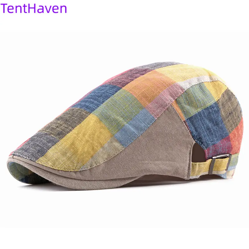 Checkered Print Baseball Cap, Korean-Style Beret Hat for Adults in Lightweight Breathable Fabric with Sun Protection, All Seasons, 1-Size, Uv Prevention, Female, Outdoor, Plaid, Outdoor Wear, Unisex Adult, Colorful Yellow Checkered Pattern, Hiking / Light