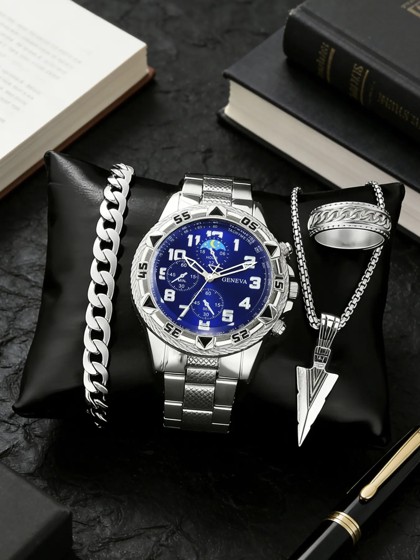 Men's Fashion Stainless Steel Quartz Watch, Round Dial, Analog Display, Blue Face, 45mm Alloy Case, Perfect Holiday Gift Set