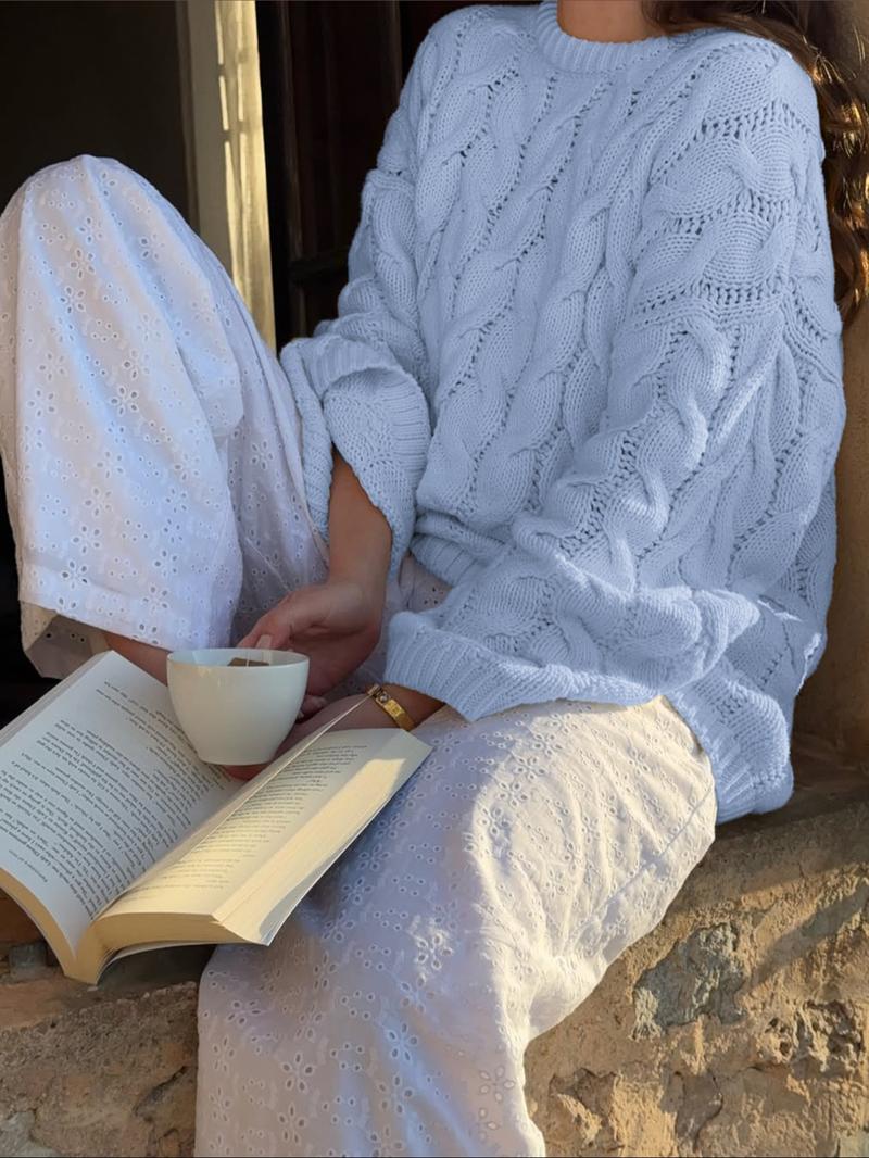 Women's Casual Round Neck Sweater, Long Sleeve Fitted Knit Top, Winter Fashion, Plain Color, Moderate Fabric Thickness, Knitwear