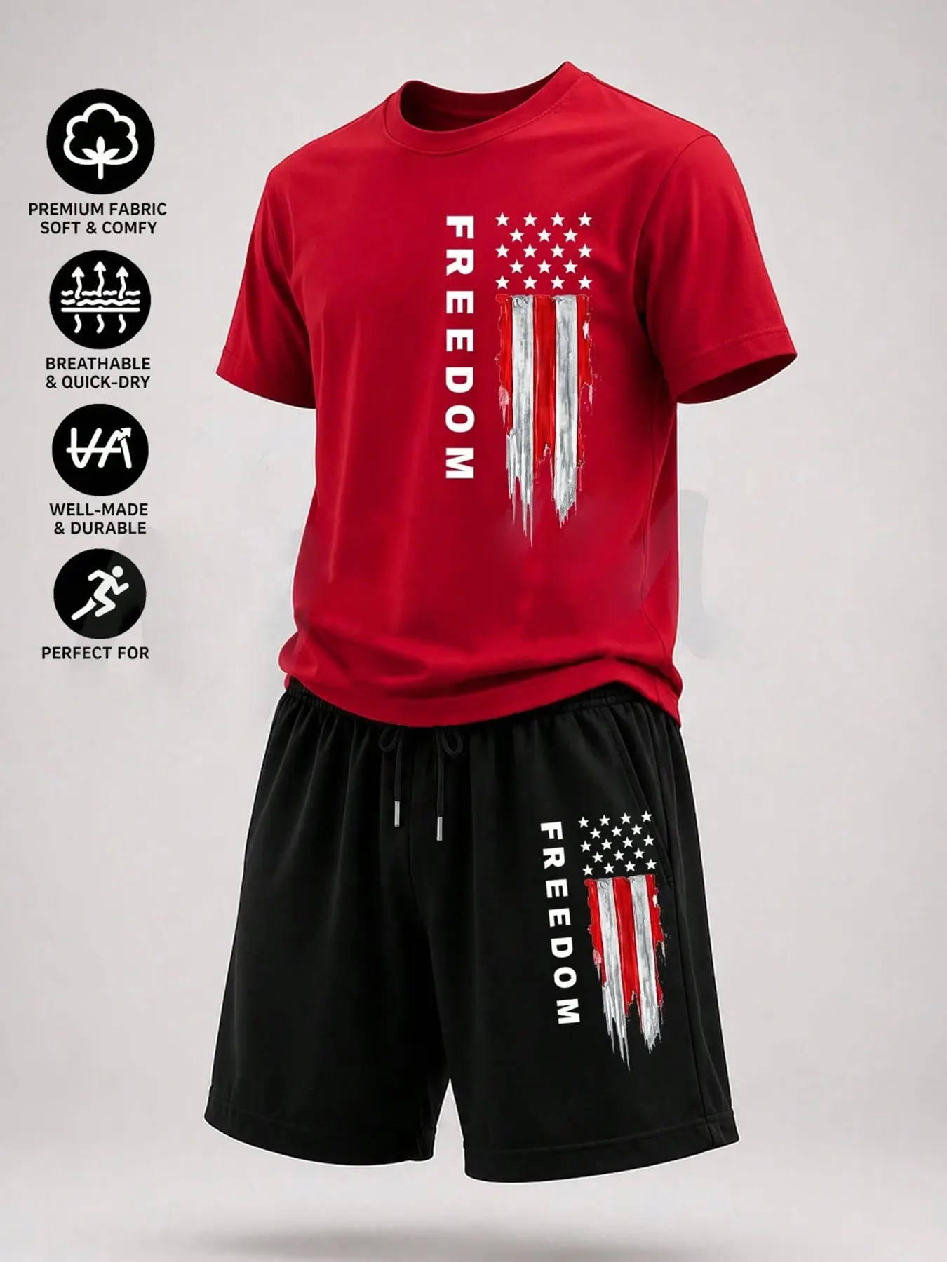 Men Women Short Sleeve T-Shirt Shorts Set, Flag Print, Summer Casual, Comfortable, All Seasons