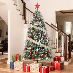 6FT Pre-Lit Artificial Christmas Tree, Snow-Flocked Xmas Tree, Christmas Tree with 876 Branch Tips for Home Office Party Holiday Decor