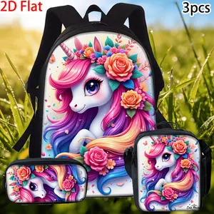 3-Piece Women's Bag Set: Stylish 2D-Print Backpack Trio. Featuring a whimsical "Dreamy Rainbow Unicorn" design—complete with multicolored flowing hair, violet eyes, and a floral wreath—this trendy three-piece set is a youthful and fashionable accessory. V