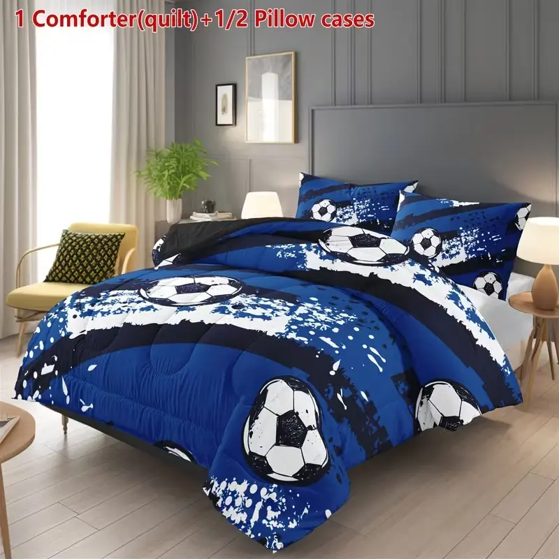 3-Piece Bedding Set, Deep Blue Diagonal Soccer Print, Soft Comfortable Sports Style, Includes Quilt and 2 Pillowcases