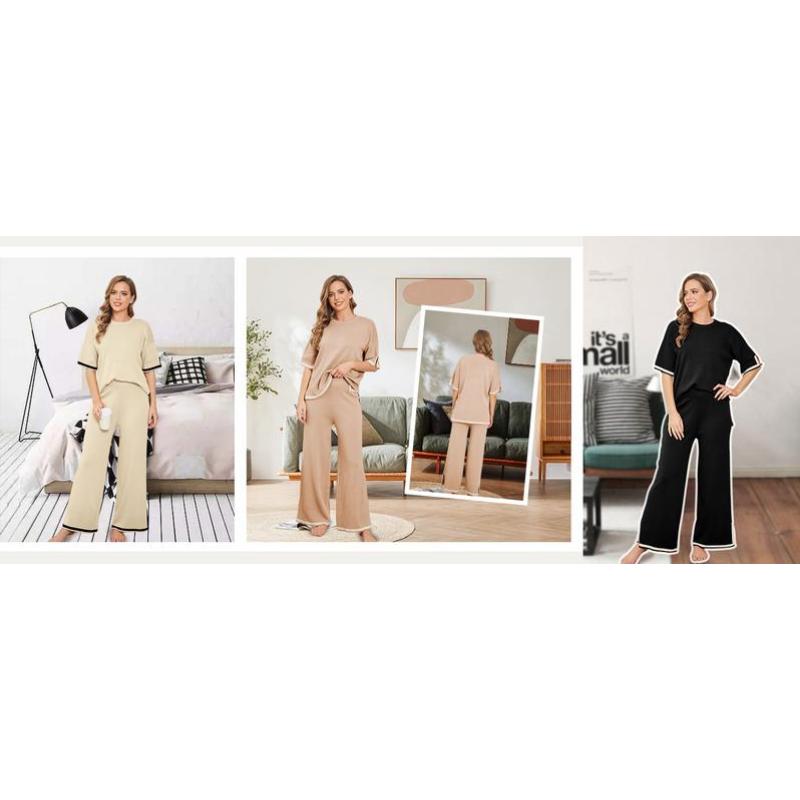 Sweater Sets Women 2 Piece Lounge Sets Short Sleeve Knit Pullover Tops Wide Leg Pants