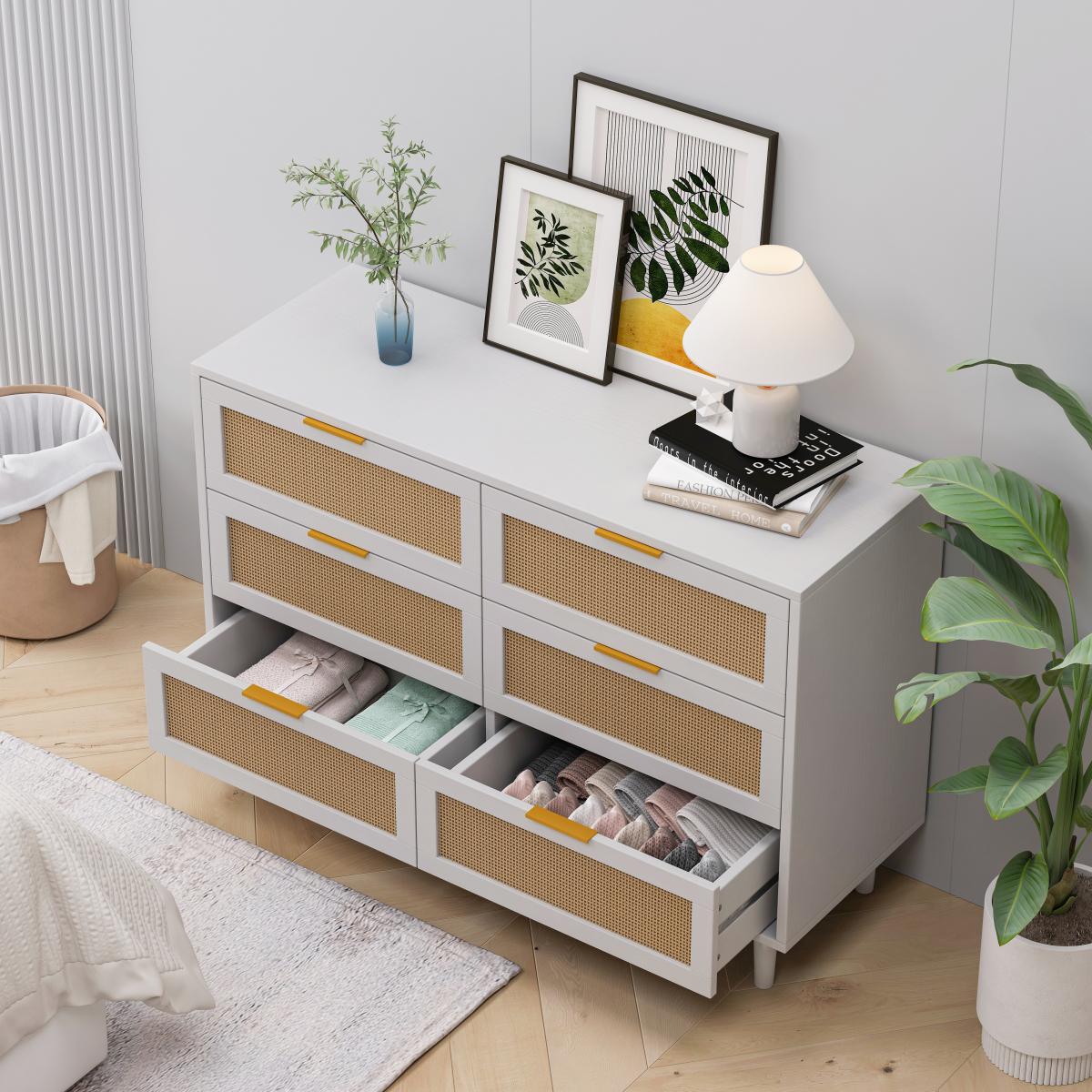 43.31"6-Drawers Rattan Storage Cabinet Rattan Drawer,for Bedroom,Living Room,Cupboards Cabinets Dresser - Fabric Storage Tower with Drawers, Bedroom Organizer, Chest of Drawers for Closet, Entryway, Versatile Design