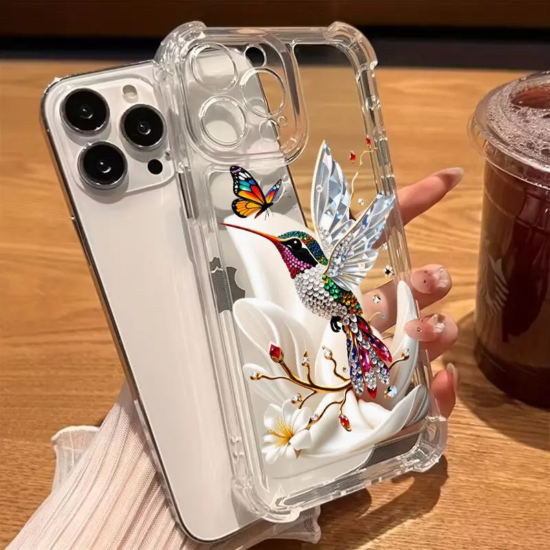 Transparent phone cases featuring hummingbird and butterfly designs, compatible with iPhone 17 Pro Max, 17 Pro, 17 Plus, 17, 16 Pro Max, 16 Pro, 16 Plus, 16, 15 Pro Max, 15 Pro, 15 Plus, 15, 13 Pro Max, 13 Pro, 13 Plus, and 13