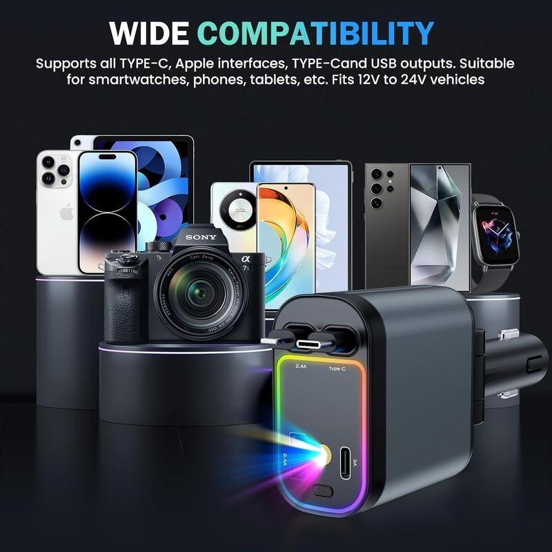 CHENGKE 4 in 1 Retractable Car Charger,Super Fast Charging Car Charger Max 120W, Retractable Cable and 2 USB Ports Car Charger Adapter for iPhone 15 14 13 12 Pro Max, Galaxy S23 Bluetooth Charger phone charger c