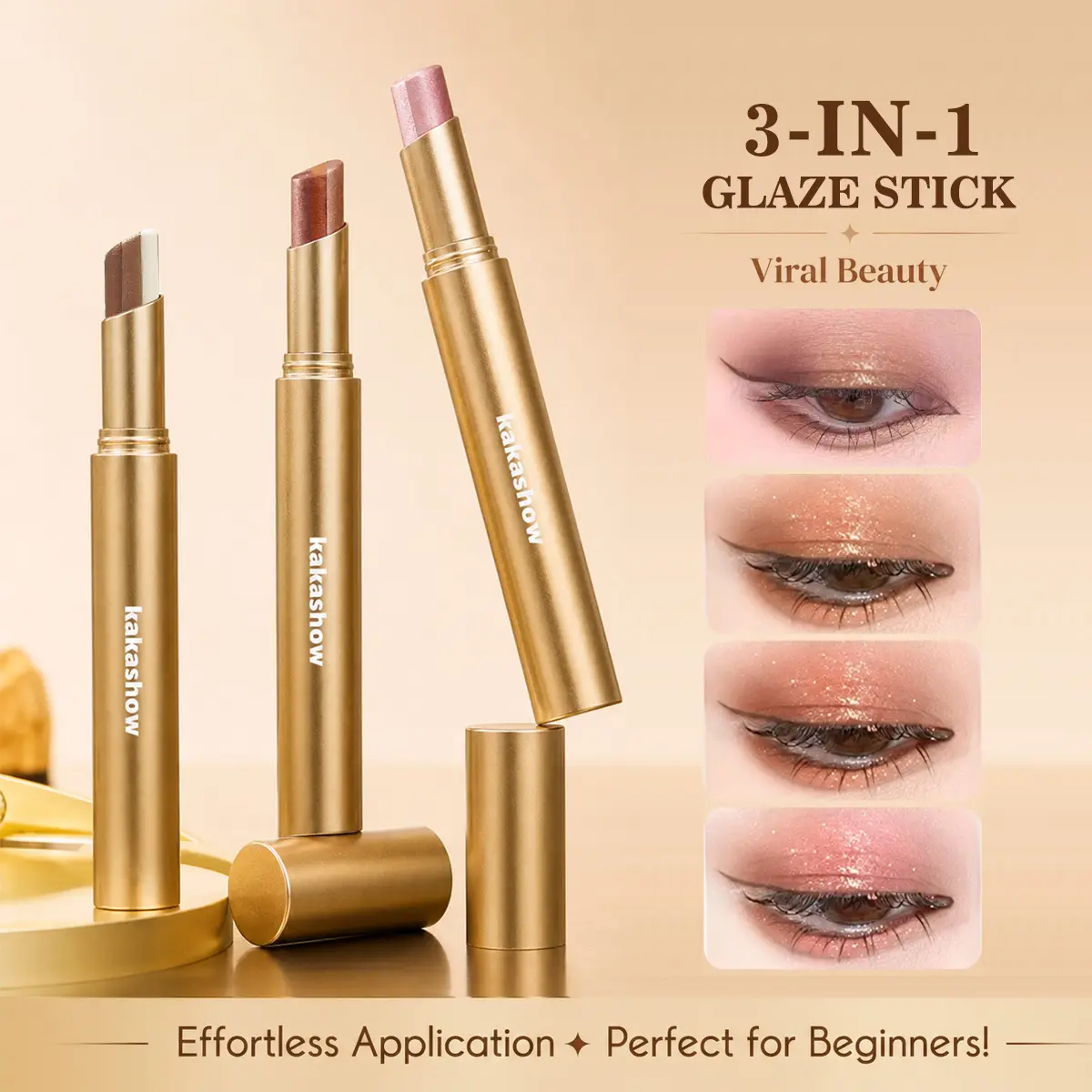 3-Color Gradient Eyeshadow Stick for Women, Waterproof Long Wear Cream Eyeshadow Pencil, Shimmer Glitter Eye Shadow Makeup, Smudge Proof Easy Blend Eyeshadow Stick, Portable Beauty Makeup