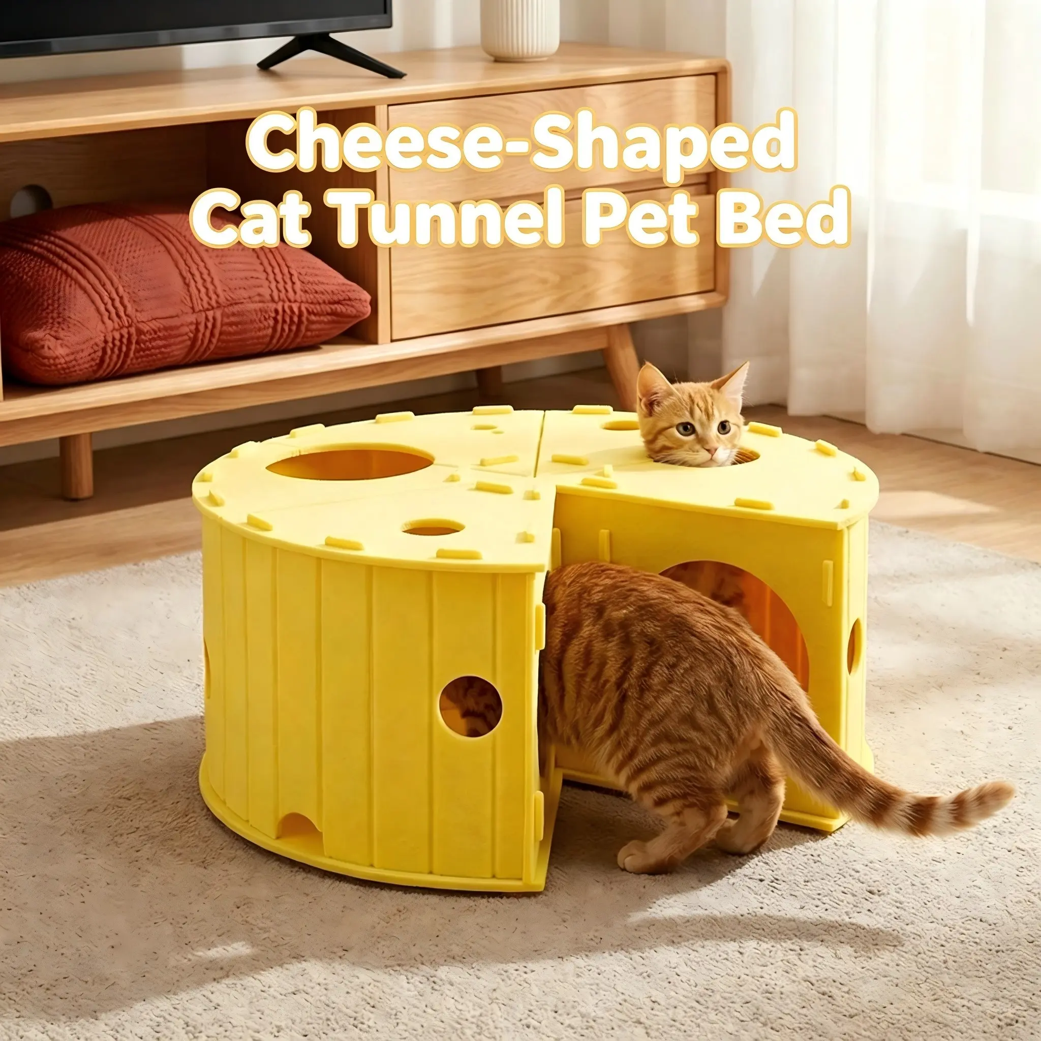 Felt cat tunnel and bed for easy storage, scratchable and playable, all-season cat tree offering cats a sense of security; a fun cat toy for kittens to crawl through Kitten House