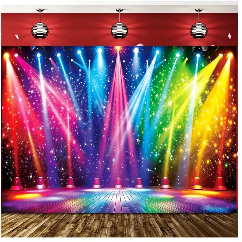 Glitter Starburst Rainbow Disco Backdrop, Colorful Spotlight Design, Perfect for Birthday, Neon & Glow Parties, Easy to Hang Reusable Banner