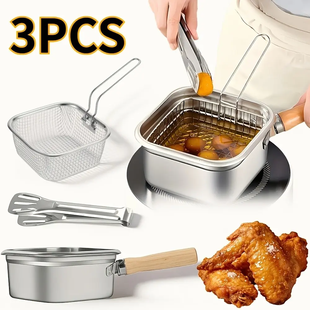 3pcs Japanese Style Stainless Steel Deep Fryer Set - Square Tempura Pot for Frying Cream, Noodles & Seafood - Large Capacity Cookware for Home & Outdoor Camping