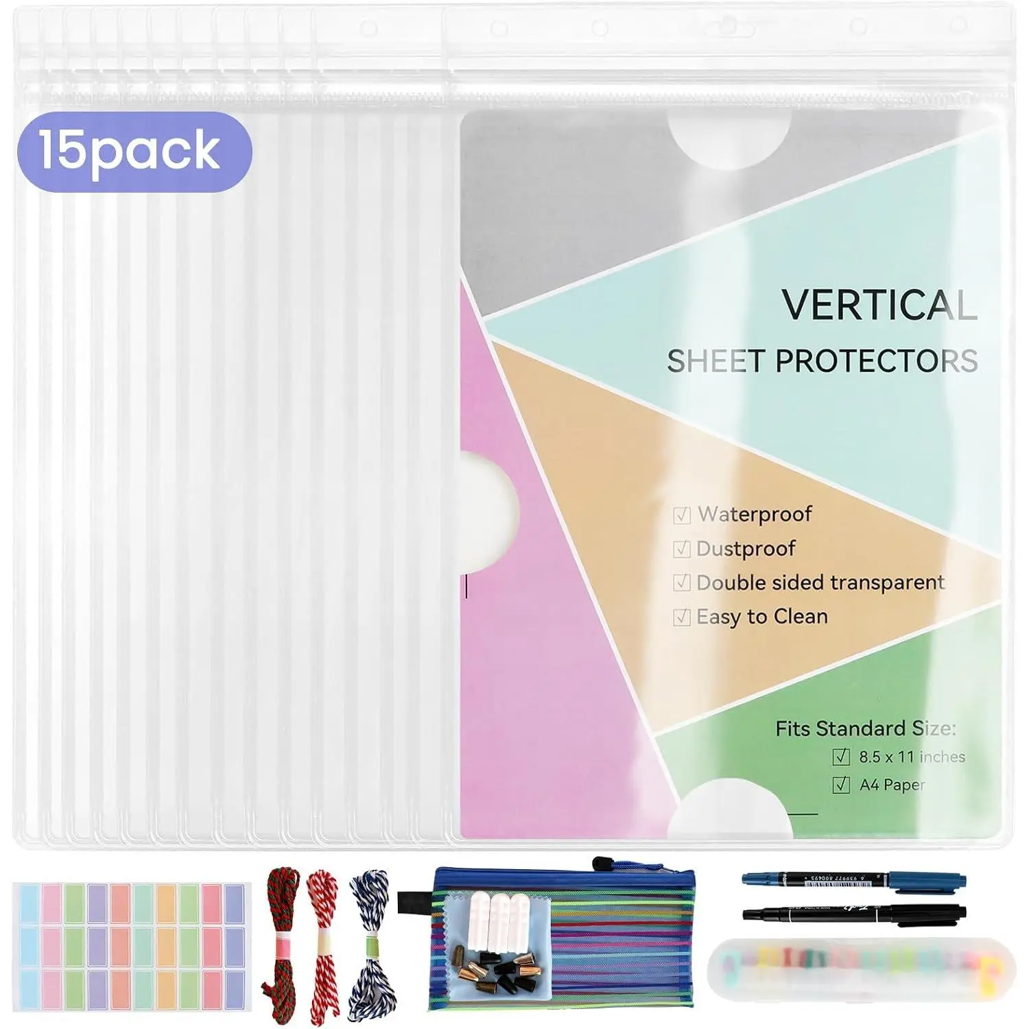 15 Pack Letter/A4 Document Guard Sheet Protectors - 8.5"x11" Vertical Type Flexible Resealable Top Loading PVC Synthetic Sleeves for Documents, Photos