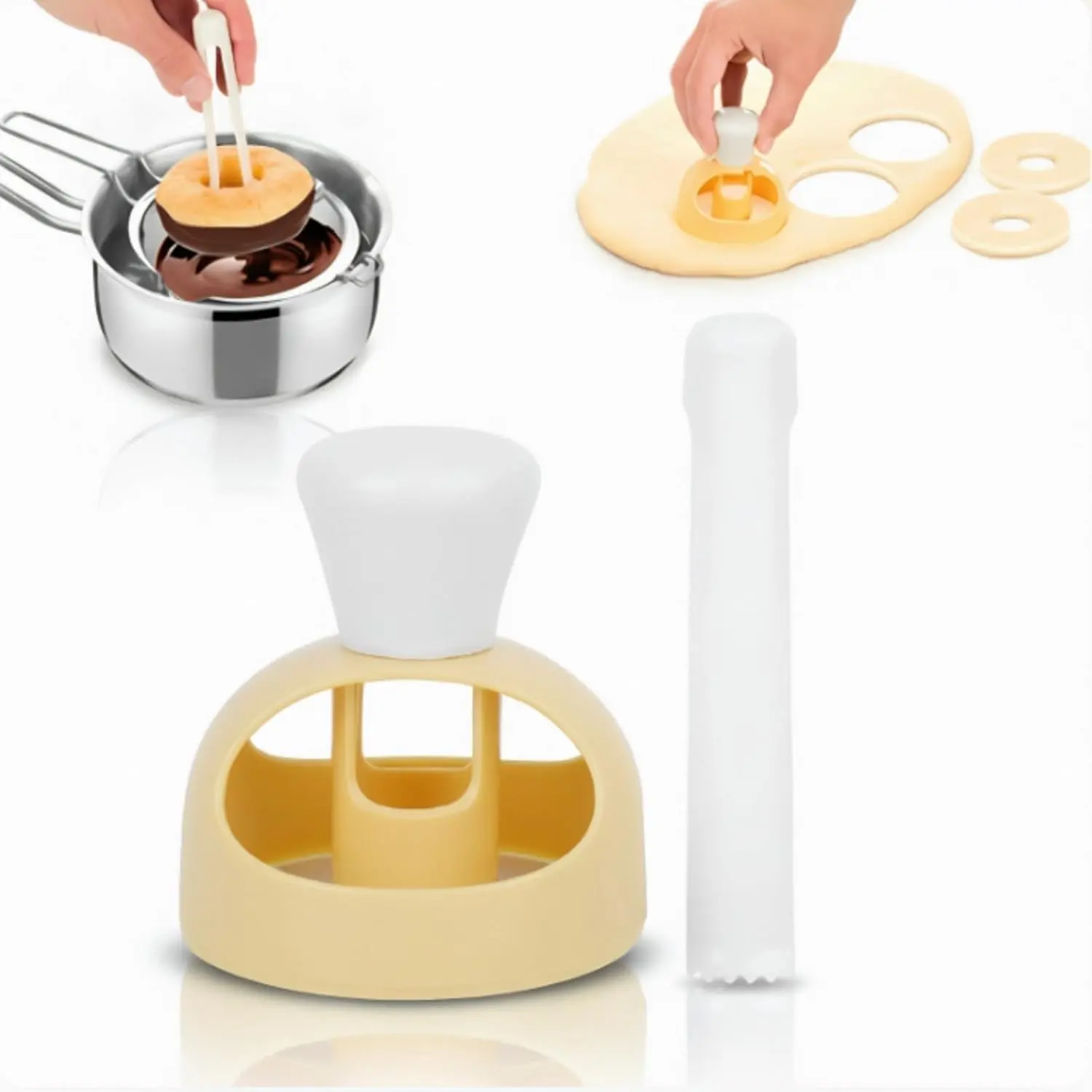 Plastic Non-Stick Donut Cutter Mold, Reusable DIY Doughnut Baking Tool with Dipping Pliers for Home Kitchen Baking