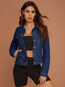 American Vintage Deep Blue Dark Wash Denim Jacket Coats, Casual Versatile Slim Fit Top, Stylish Retro Design, Perfect for Everyday Wear