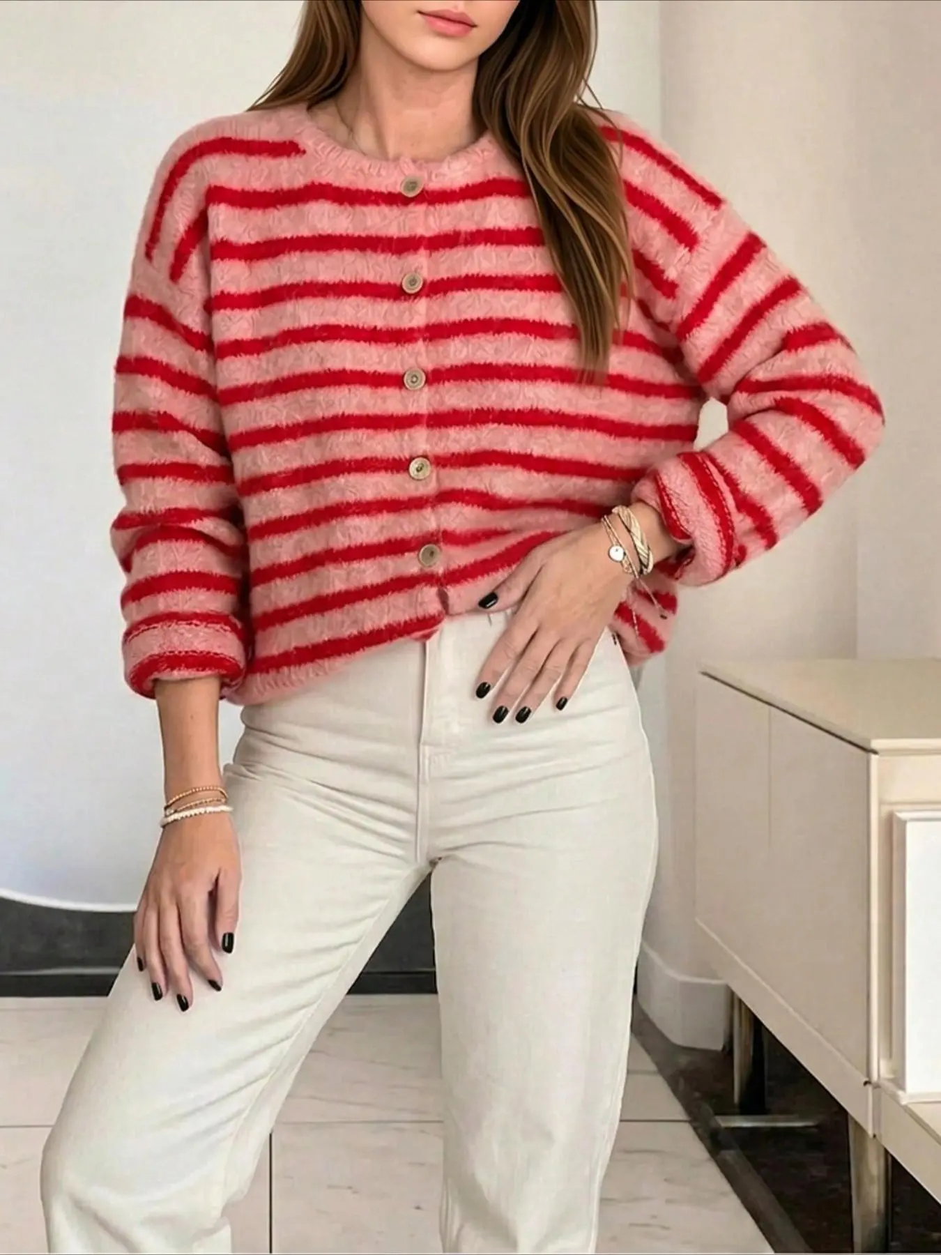 Women's Y2K Fashion Striped Long Sleeve Knit Cardigan, Comfortable Casual Outerwear for Fall & Winter, Versatile Daily Wear Top