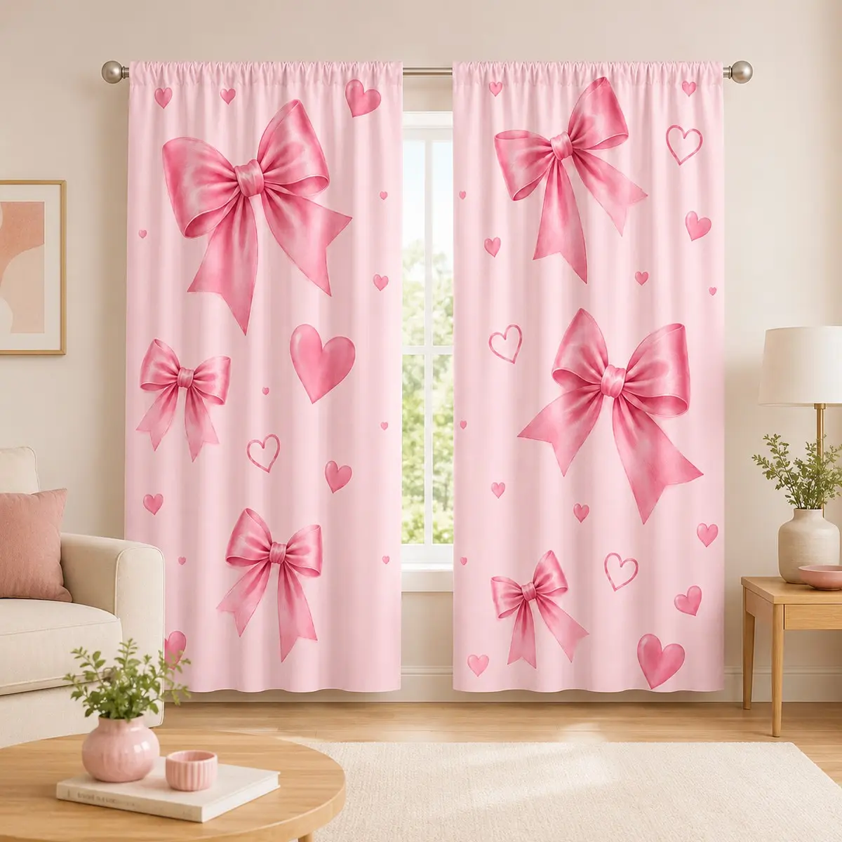 2pcs Light pink satin semi-blackout curtains featuring heart and bow motifs; a cute, sweet design with a rod-pocket header and geometric digital print. Suitable for living rooms, bedrooms, outdoor spaces, and home decor.