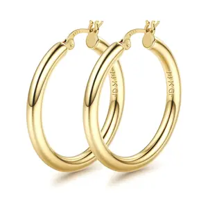 Loveden14K Gold Plated Chunky Huggie Round Hoop Earrings for Women, Sterling Silver Post & Hollow Tube Design, Hypoallergenic Lightweight Large Hoop Earrings, 25/30/40/50/60/70MM
