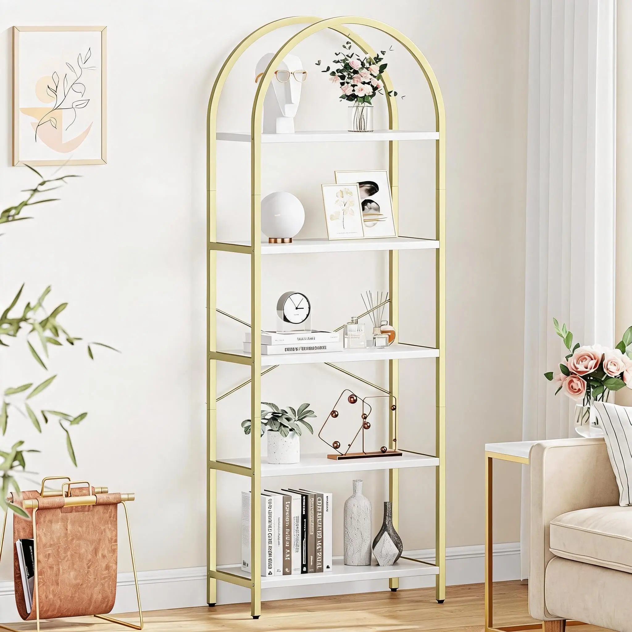 2-Pack Tall Arch 5-Tier High Bookshelves, Narrow Freestanding Metal & Wood Display Shelving Units, Marble-Look White Shelves with Champagne Gold Metal Frame, Anti-Tip Kit & Adjustable Leveling Feet Included, Set Of Two